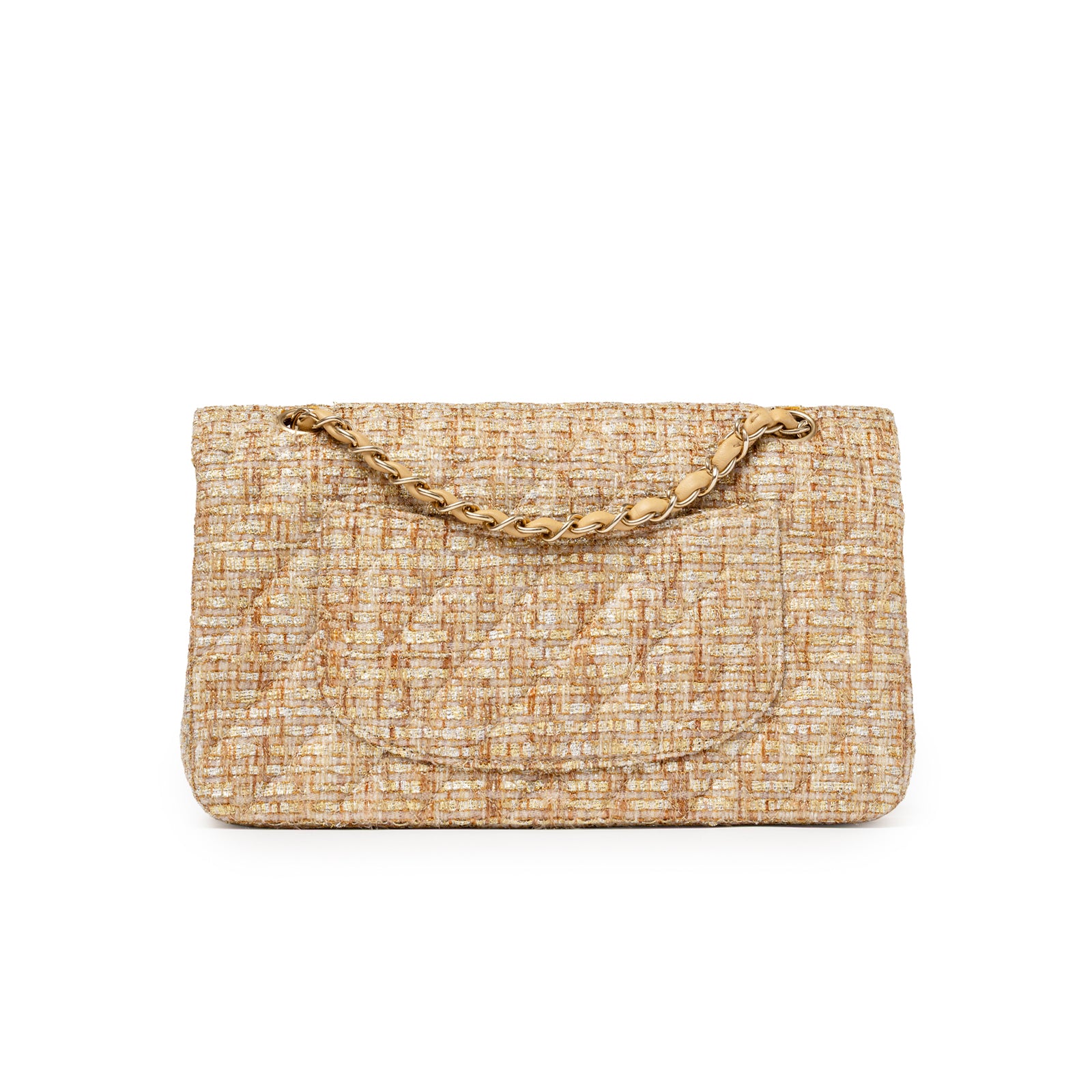 Back view of Chanel Classic Double Flap Medium Gold Beige Tweed Gold Hardware with chain strap detail
