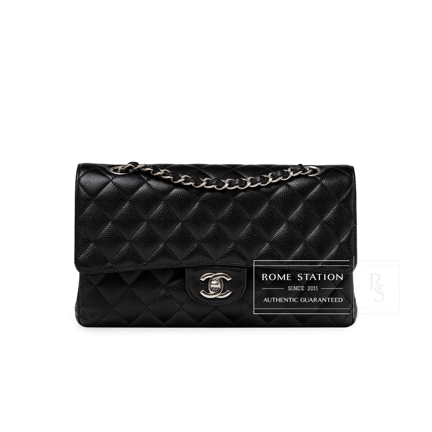 Front view of Chanel Medium Classic Flap Bag Black Caviar Palladium Hardware showing quilted leather and logo clasp