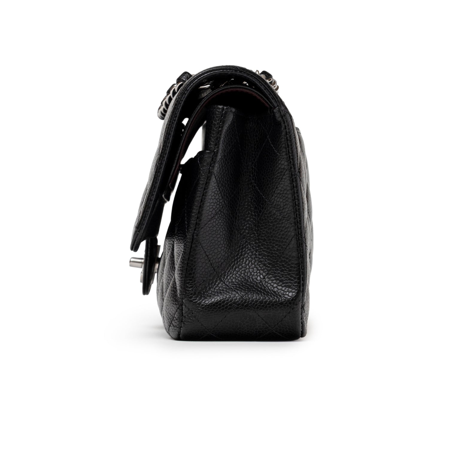 Side view of Chanel Medium Classic Flap Bag Black Caviar Palladium Hardware showing textured leather and chain strap detail