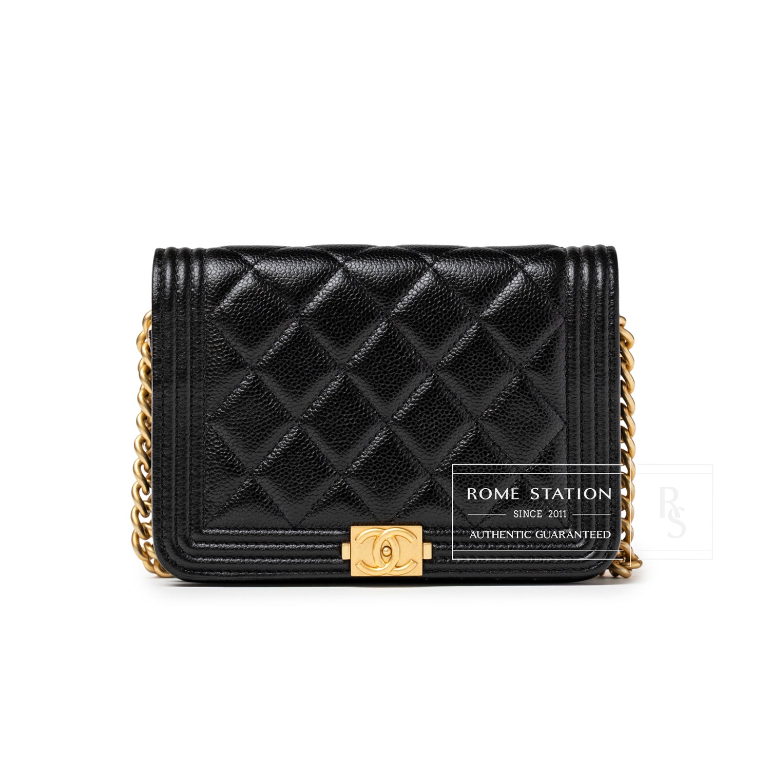 Front view of Chanel Mini Boy Wallet on Chain Black Caviar Brushed Gold Hardware showing quilted texture and clasp detail