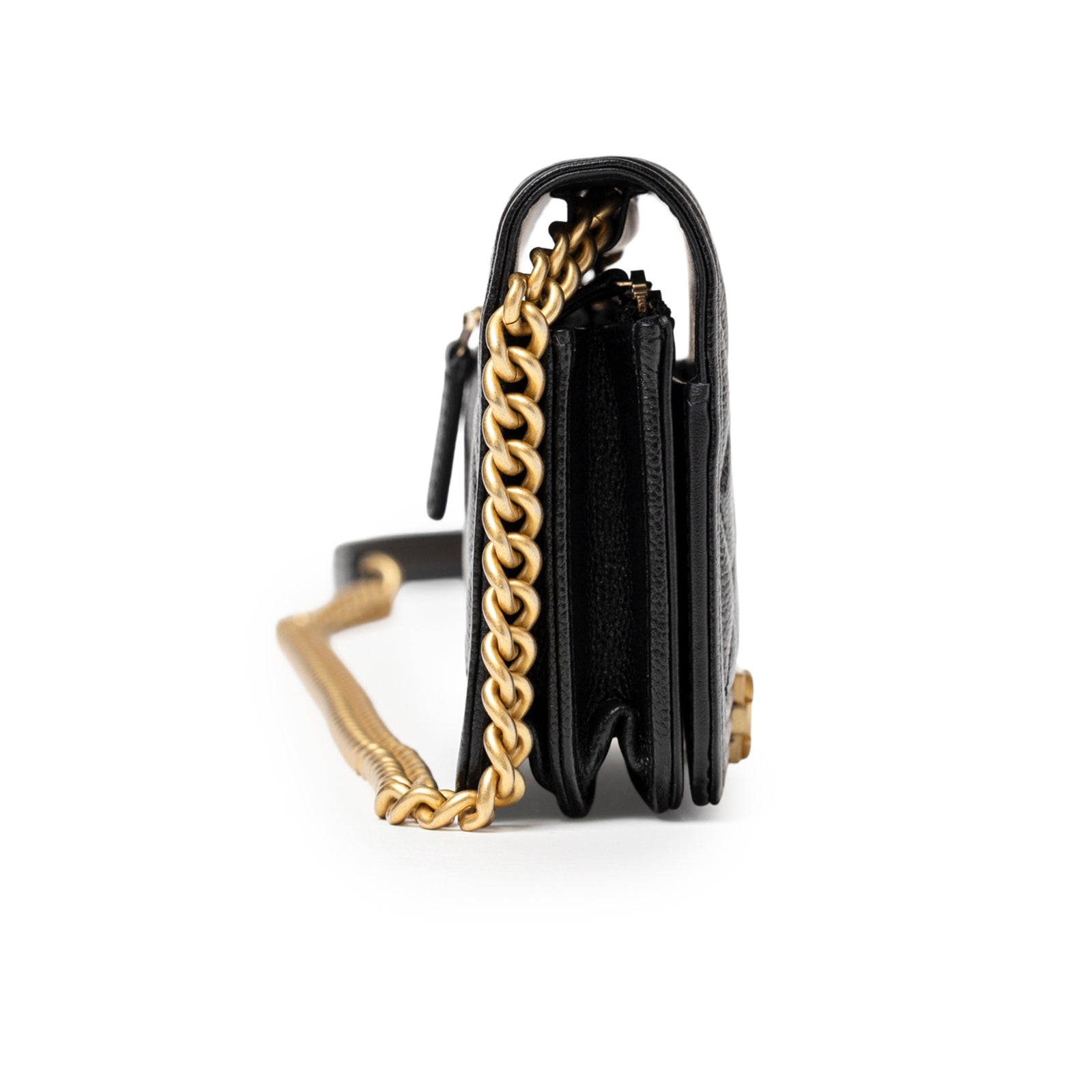 Side profile of Chanel Mini Boy Wallet on Chain Black Caviar Brushed Gold Hardware showing chain and compartment depth