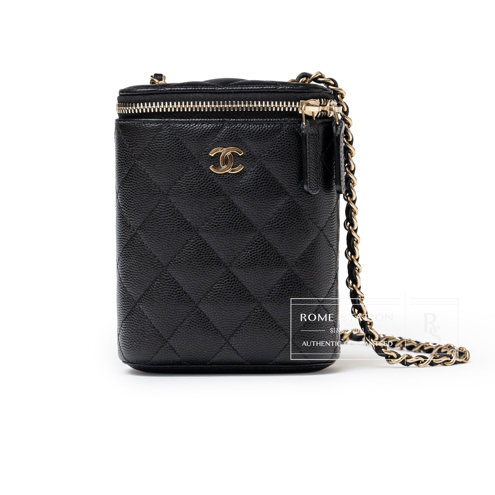 Front view of Chanel Mini Coco Beauty Vanity Case on Chain Black Caviar Gold Hardware showing quilted leather and gold chain strap