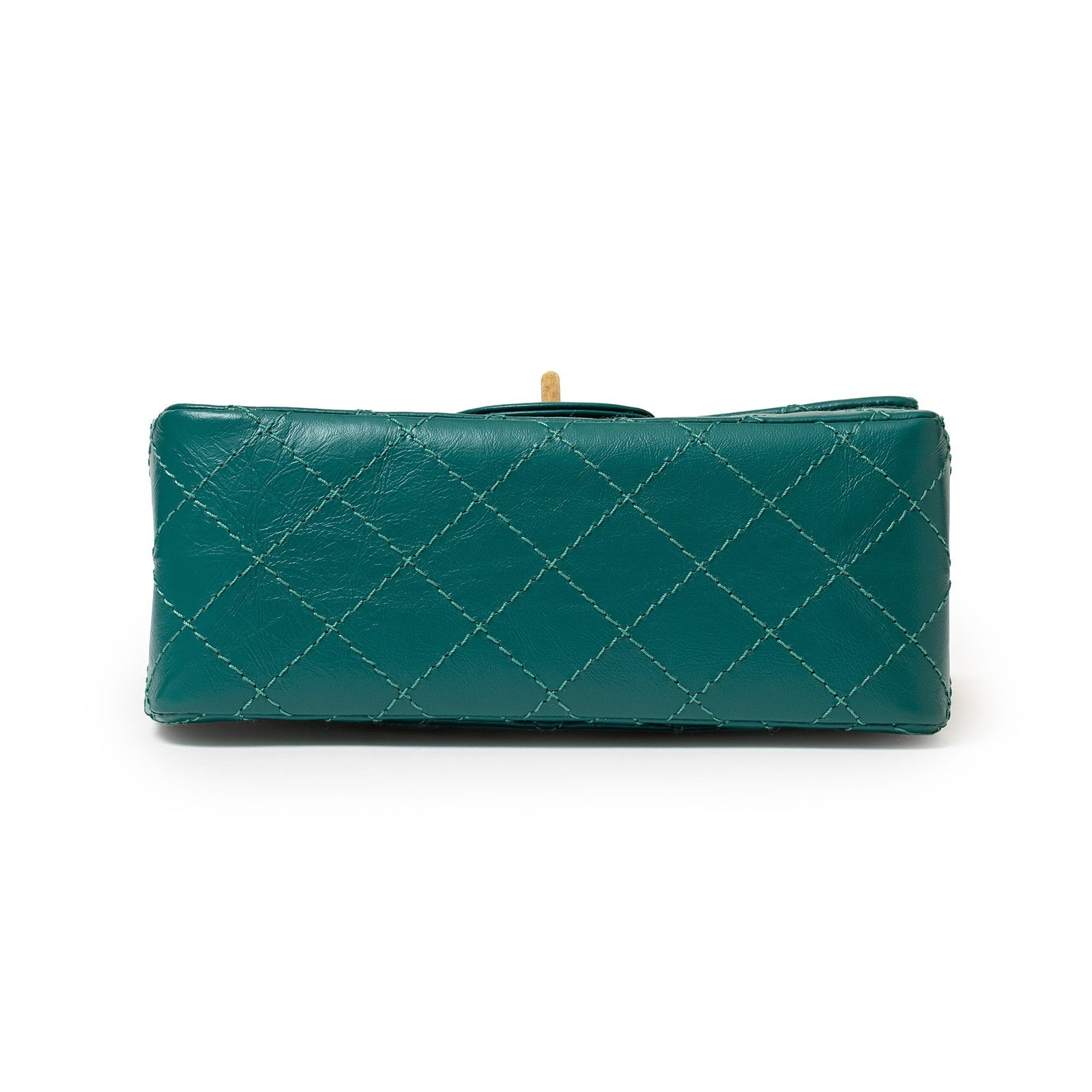 Bottom view of Chanel Mini Reissue 2.55 Flap Bag Green Calf Brushed Gold Hardware showing quilted leather pattern