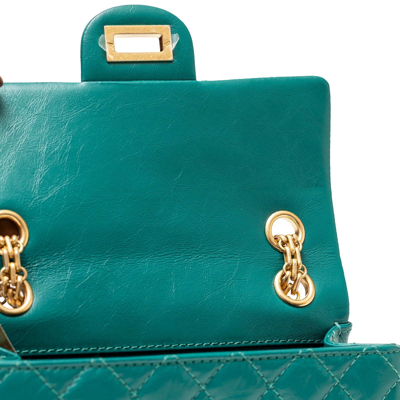 Close-up interior view of Chanel Mini Reissue 2.55 Flap Bag Green Calf Brushed Gold Hardware showing chain loops and flap lining.