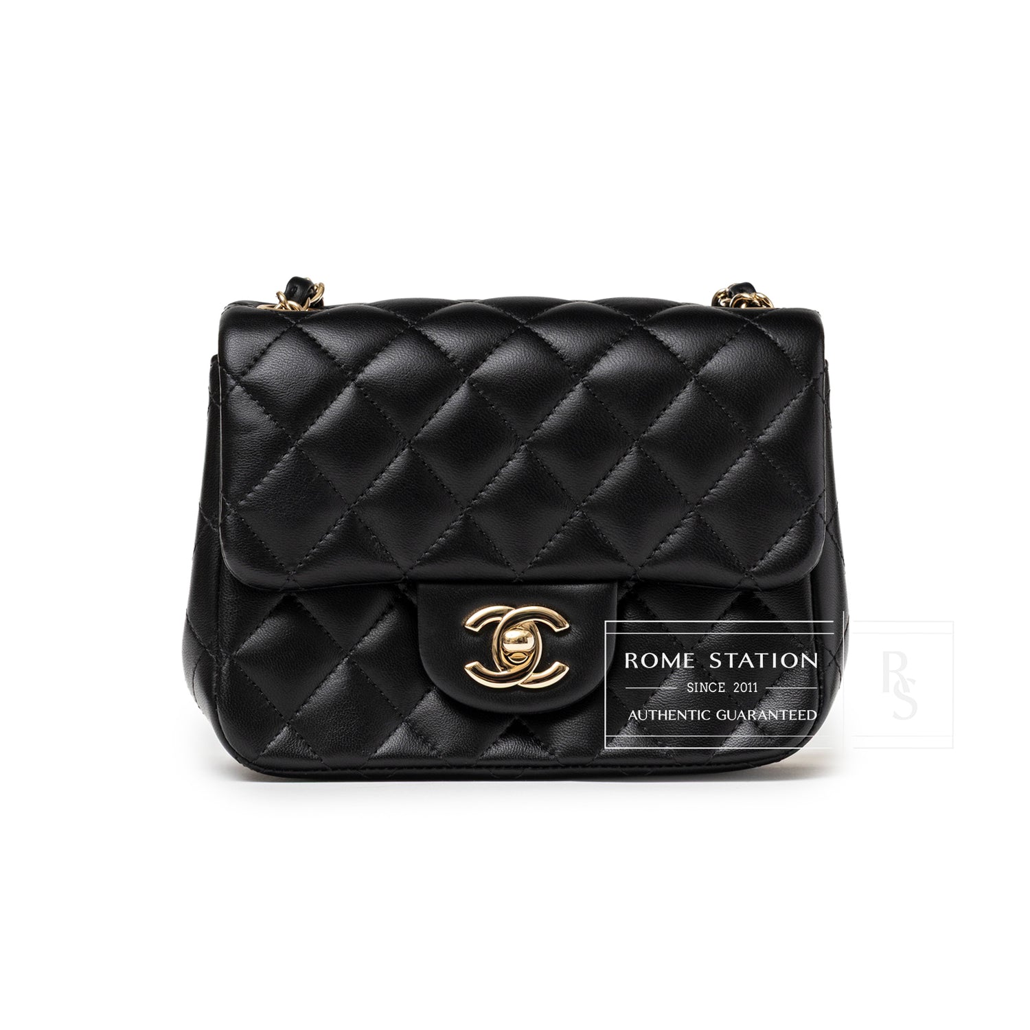 Front view of Chanel Mini Square Classic Flap bag Black Lambskin Light Gold Hardware with quilted texture and logo clasp