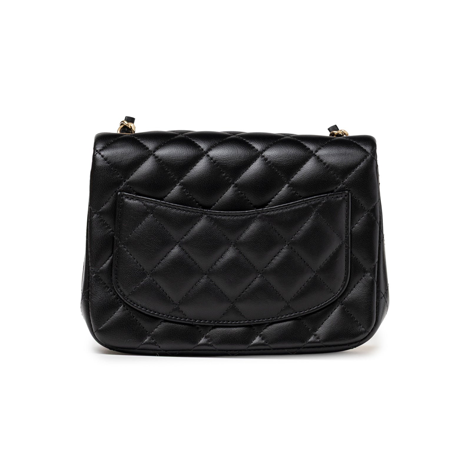 Back view of Chanel Mini Square Classic Flap bag Black Lambskin Light Gold Hardware with quilted pocket detail