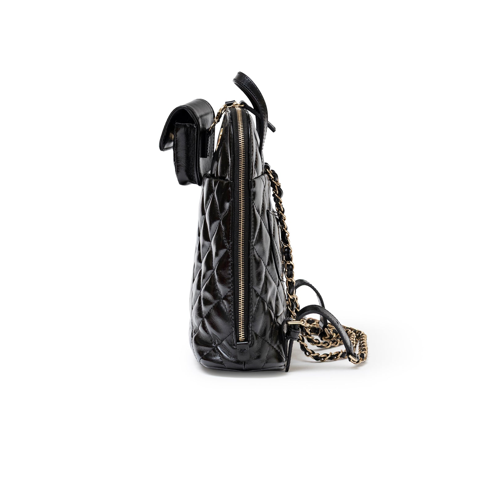 Side view of Chanel My Pocket Backpack Black Shiny Calfskin Gold Hardware showing quilted leather and chain strap detail