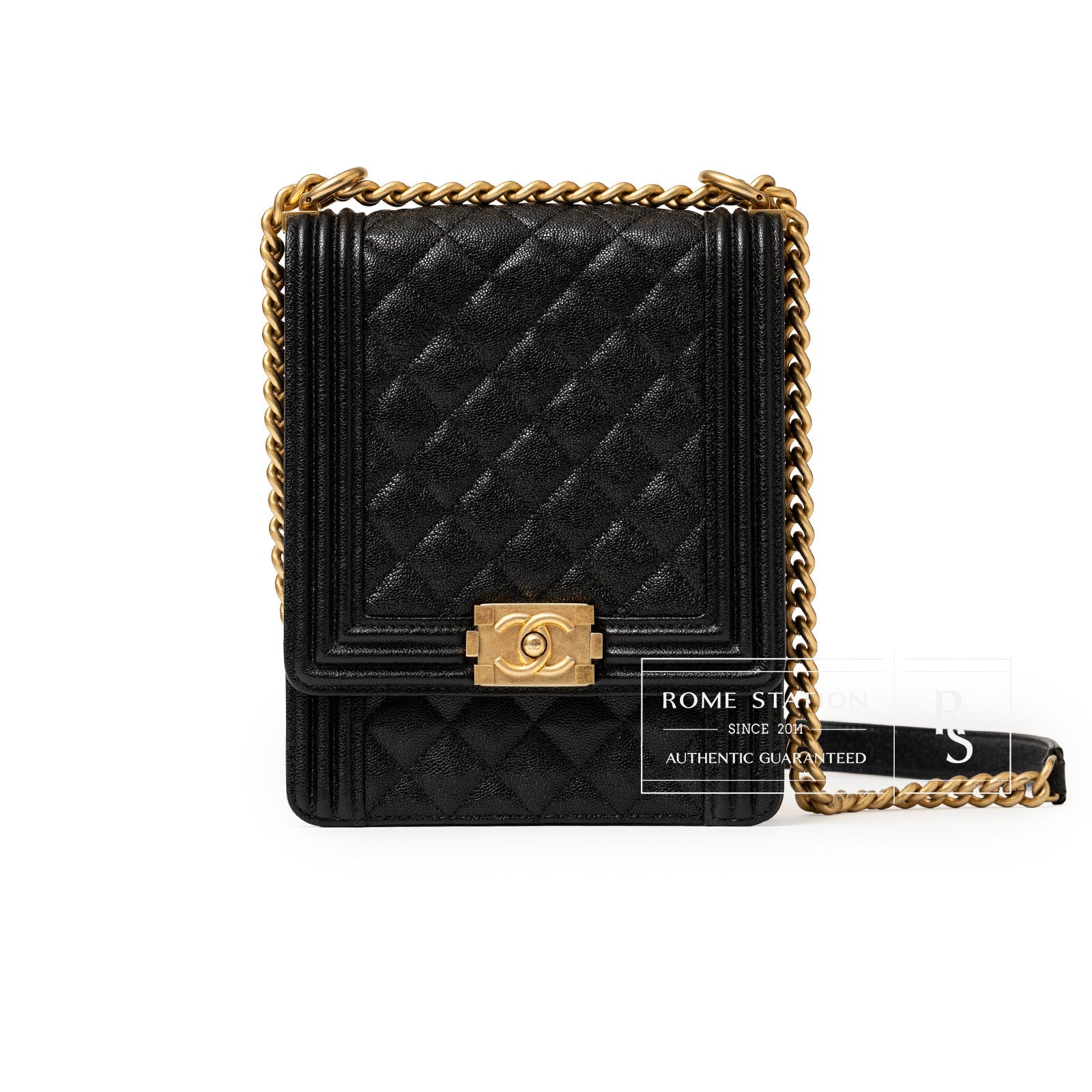 Front view of Chanel North South Boy Flap Bag Black Caviar Brushed Gold Hardware with chain strap detail