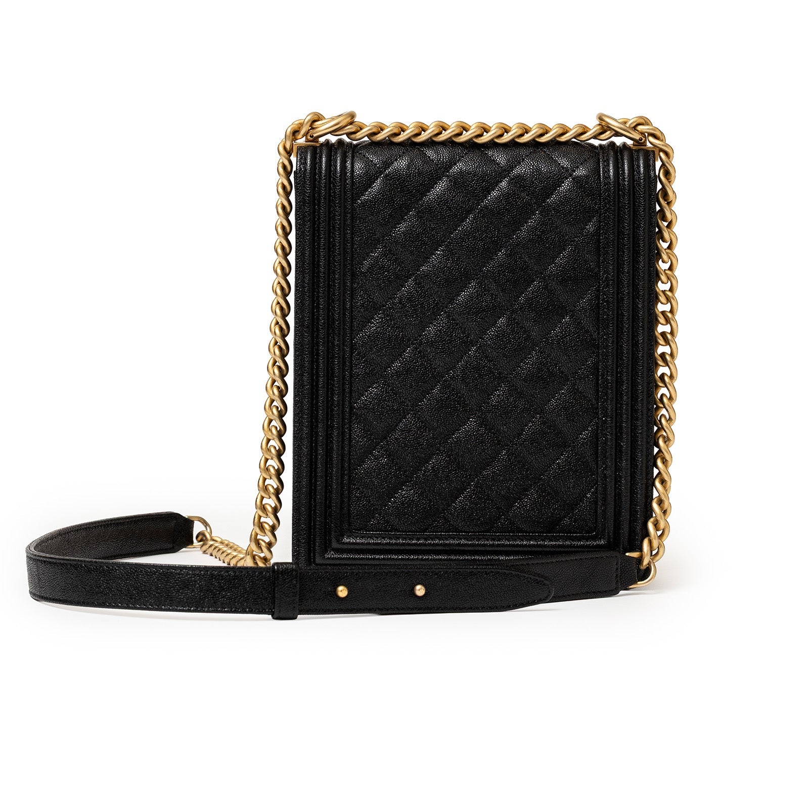 Front view of Chanel North South Boy Flap Bag Black Caviar Brushed Gold Hardware with chain strap laid flat