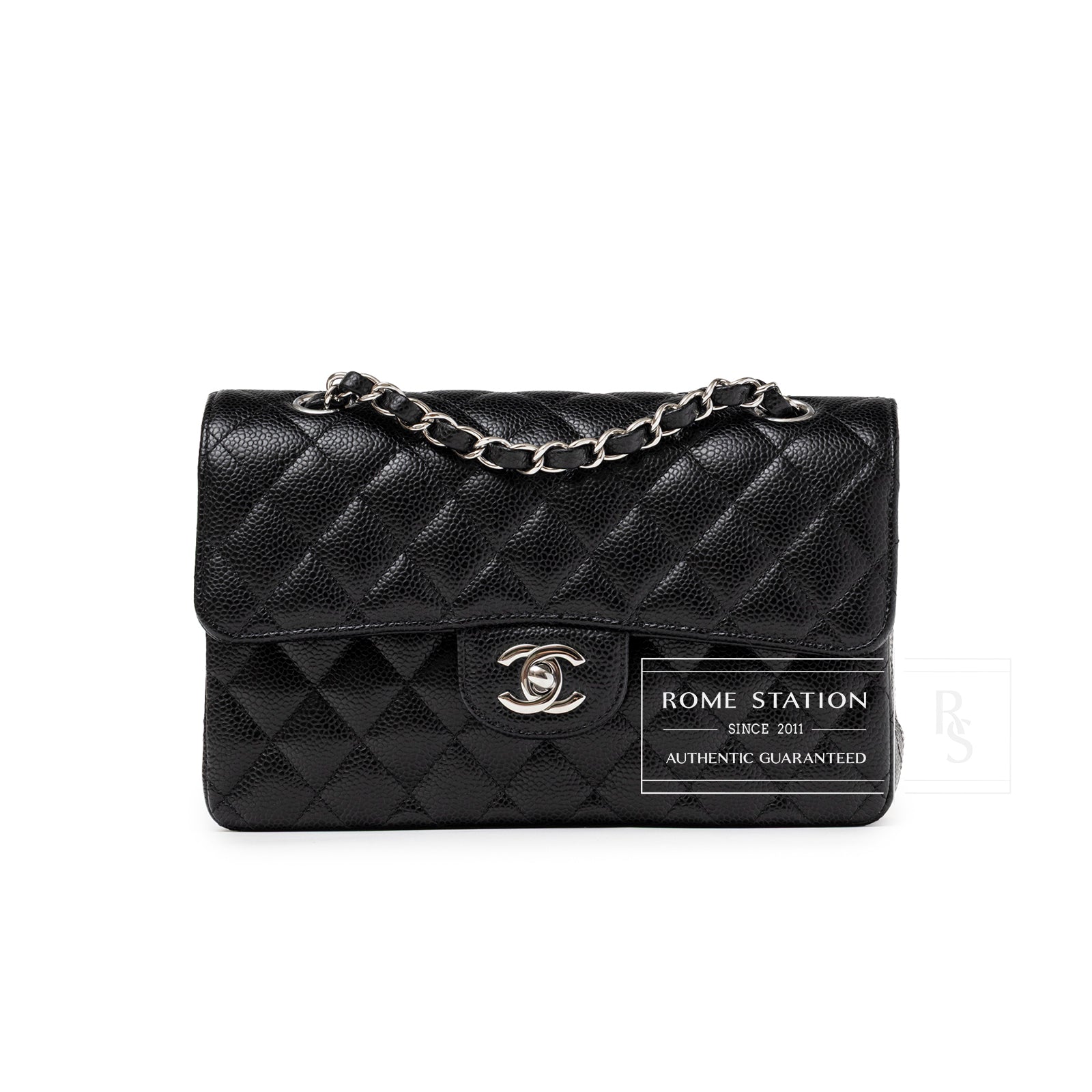 Front view of Chanel Small Classic Flap Bag Black Caviar Palladium Hardware with chain and quilted leather design