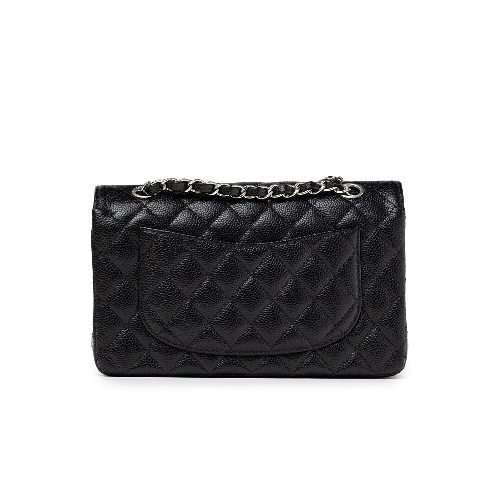 Back view of Chanel Small Classic Flap Bag Black Caviar Palladium Hardware showing quilted leather and chain strap detail