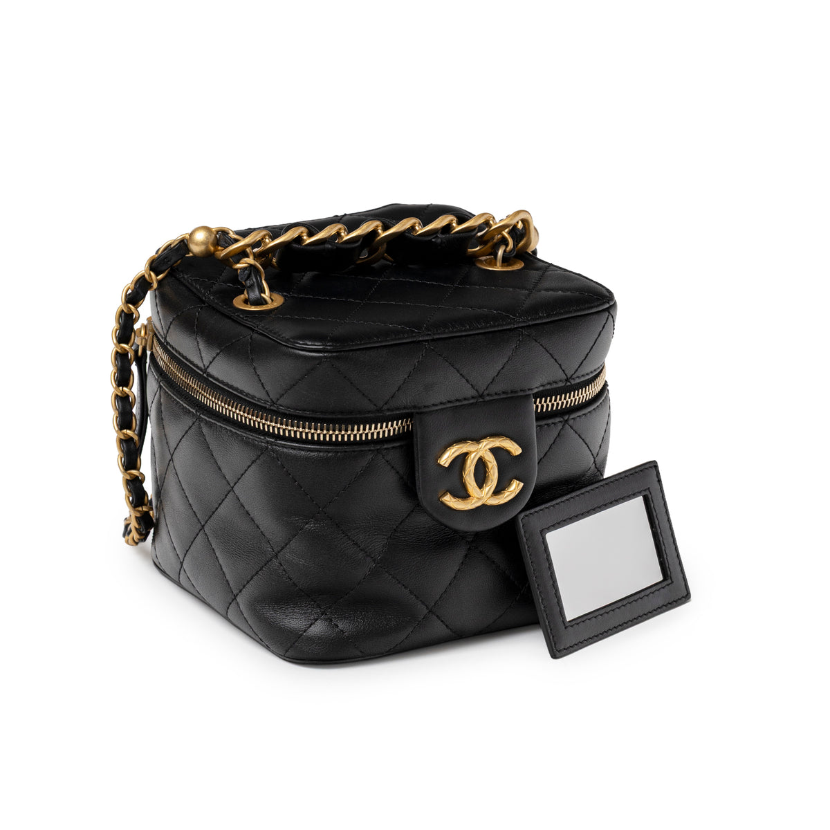 Chanel Small Vinity Case With Chain Black Calf Gold Hardware angled view with mirror