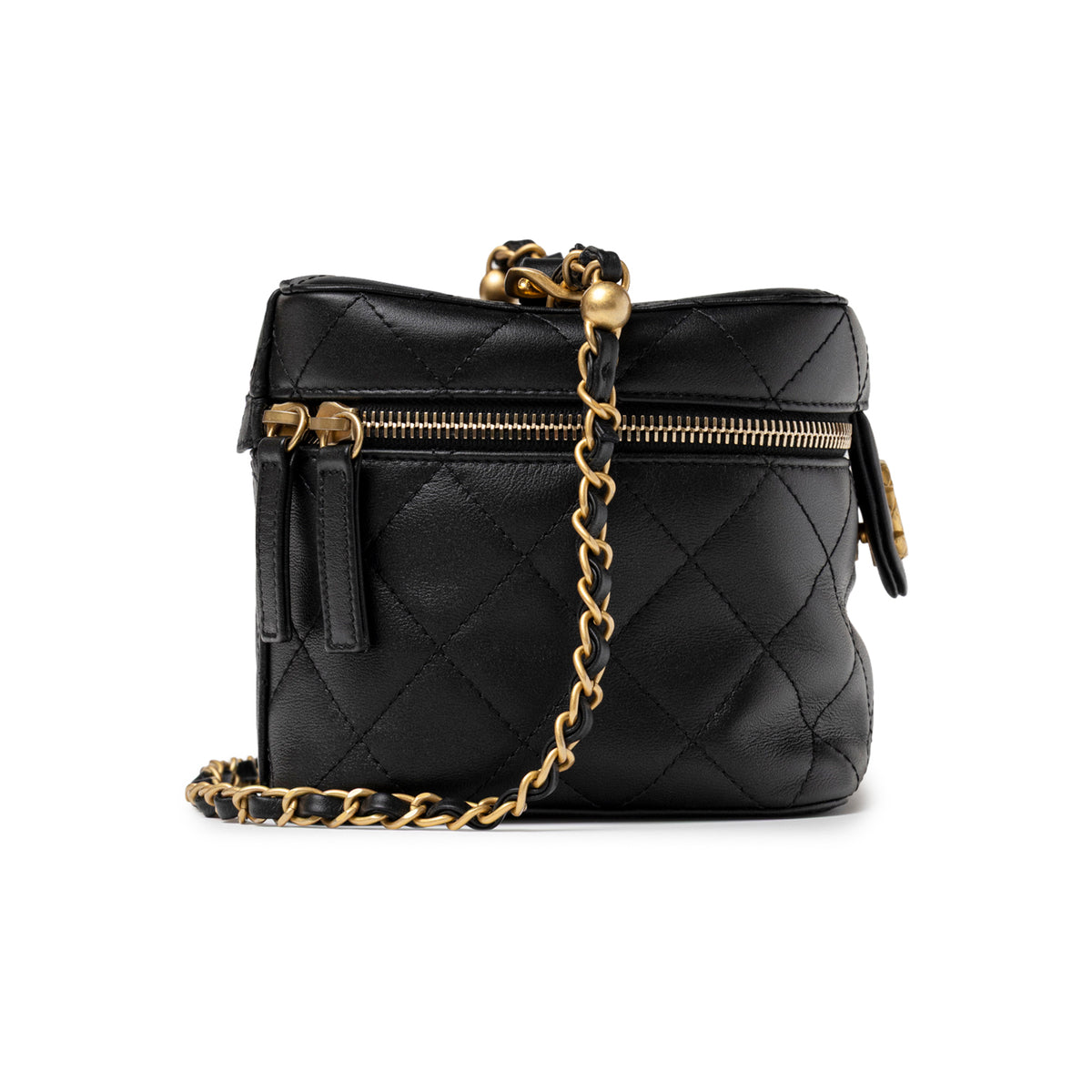 Chanel Small Vinity Case With Chain Black Calf Gold Hardware side view with gold chain
