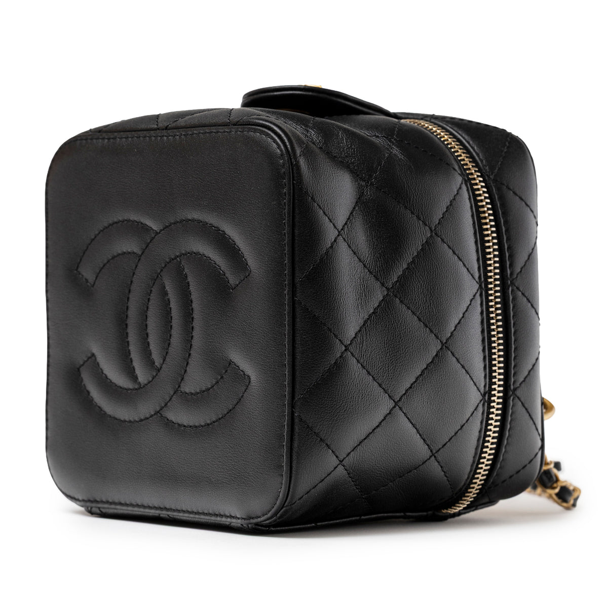 Chanel Small Vinity Case With Chain Black Calf Gold Hardware angled view with quilted leather and CC logo