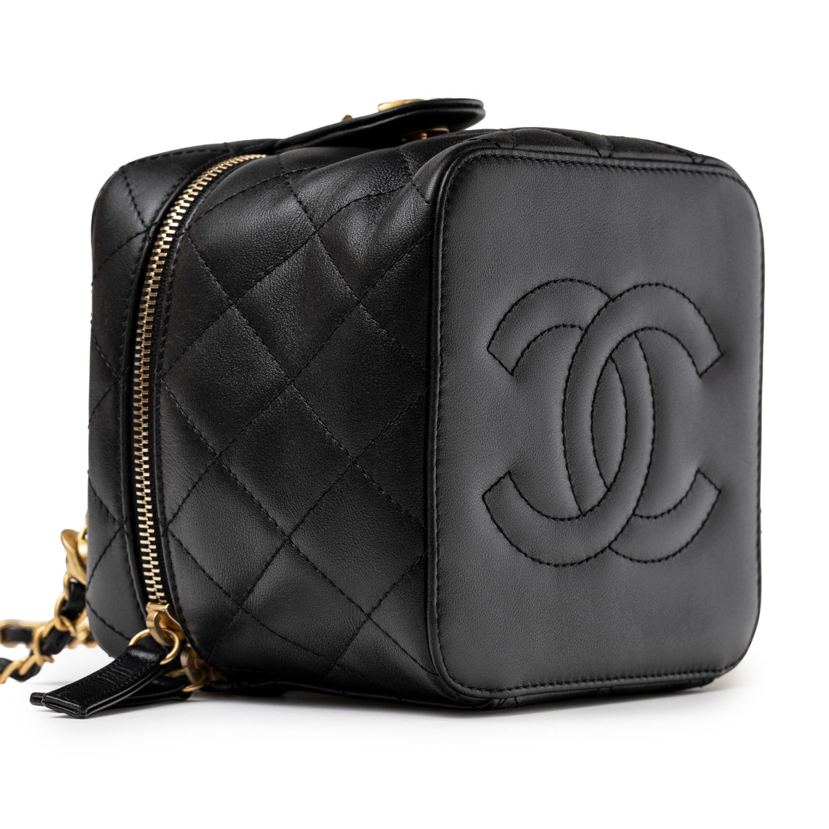 Chanel Small Vinity Case With Chain Black Calf Gold Hardware quilted side and embossed CC logo