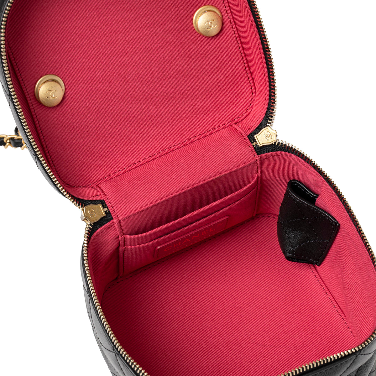 Chanel Small Vinity Case With Chain Black Calf Gold Hardware interior view with compartments