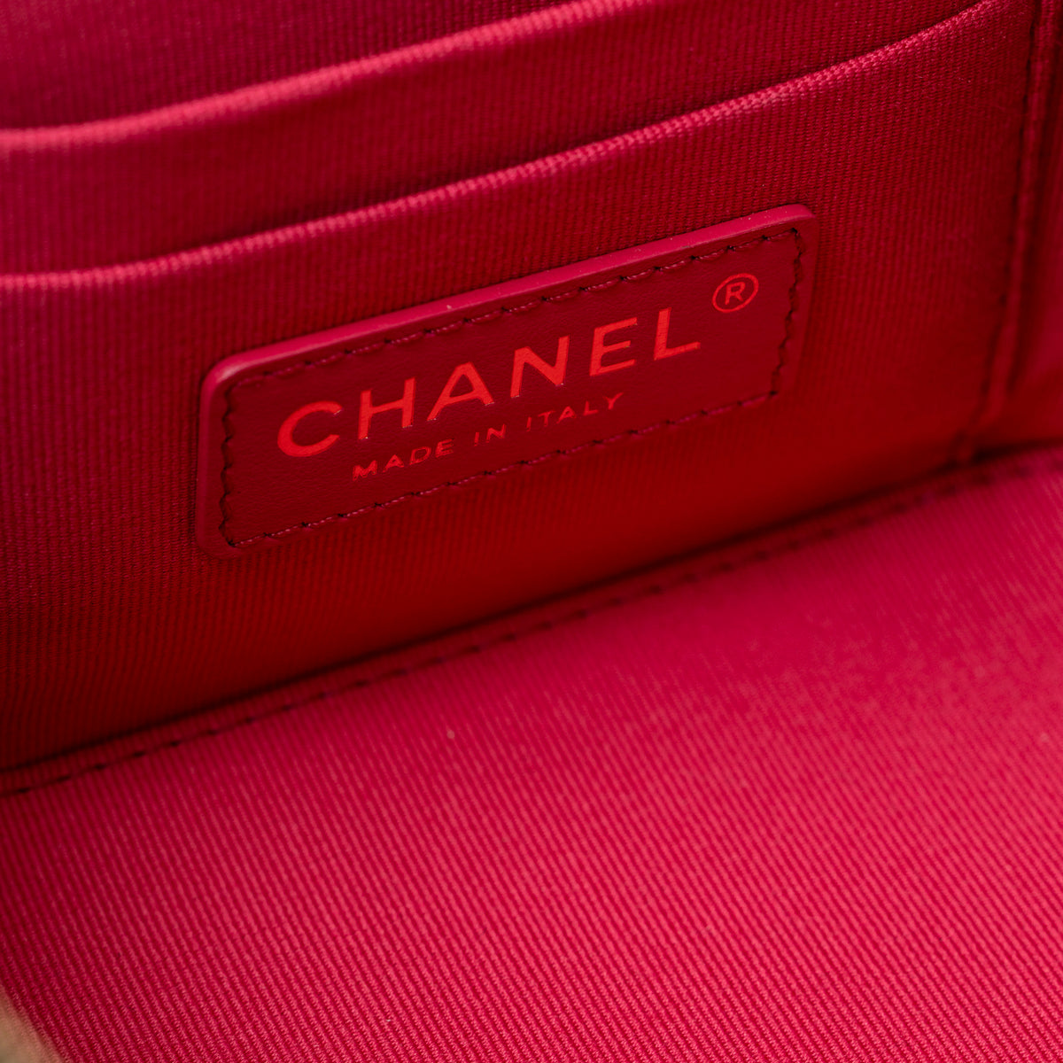 Chanel Small Vinity Case With Chain Black Calf Gold Hardware interior logo label view