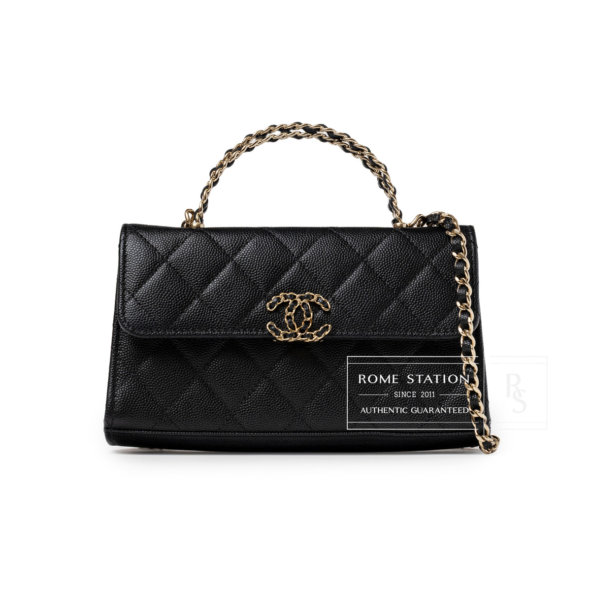 Chanel Top Handle Phone Holder with Chain Black Caviar Light Gold Hardware front view with chain