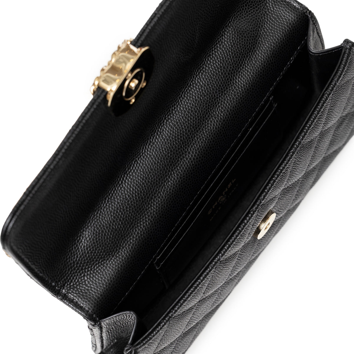 Chanel Top Handle Phone Holder with Chain Black Caviar Light Gold Hardware interior view with card slot