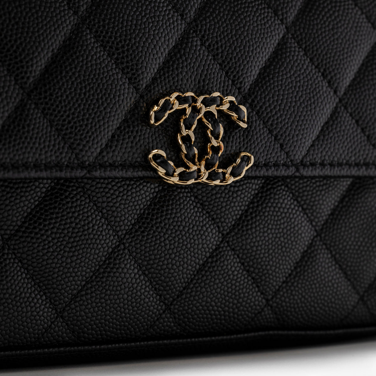 Chanel Top Handle Phone Holder with Chain Black Caviar Light Gold Hardware CC logo detail