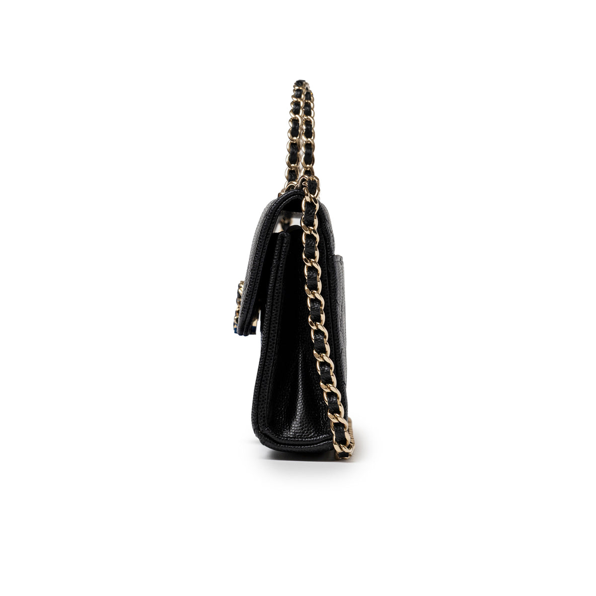 Chanel Top Handle Phone Holder with Chain Black Caviar Light Gold Hardware side view