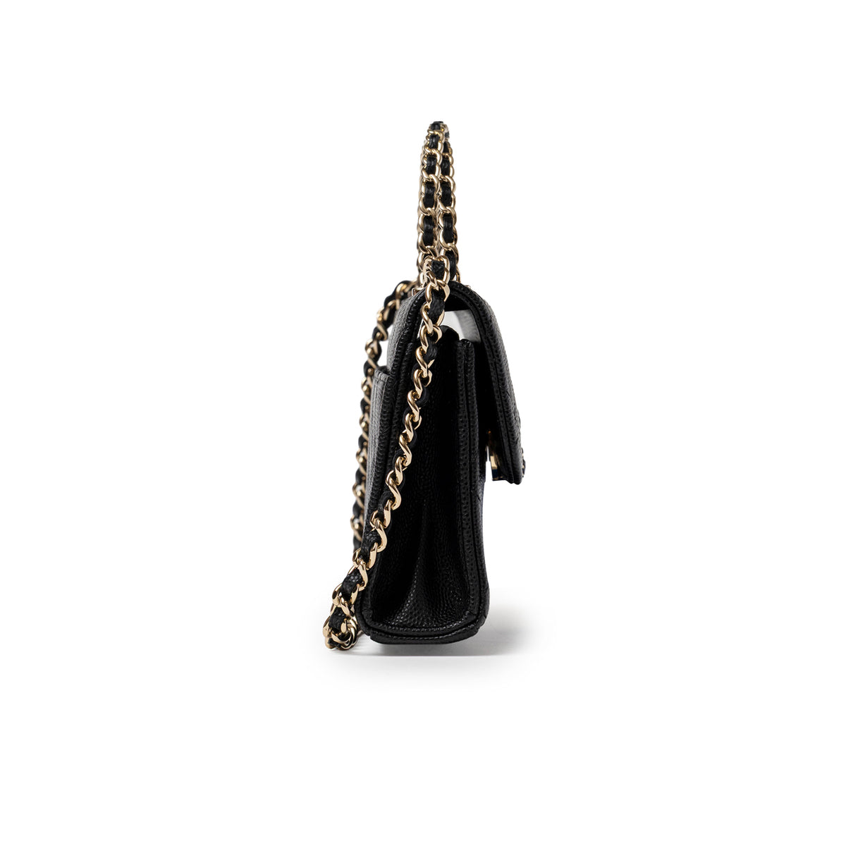 Chanel Top Handle Phone Holder with Chain Black Caviar Light Gold Hardware side view