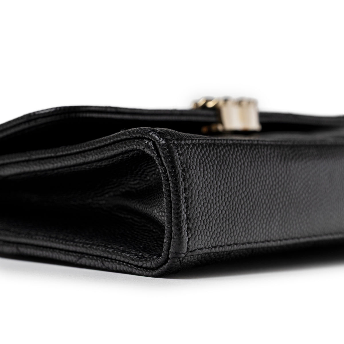 Chanel Top Handle Phone Holder with Chain Black Caviar Light Gold Hardware bottom edge detail