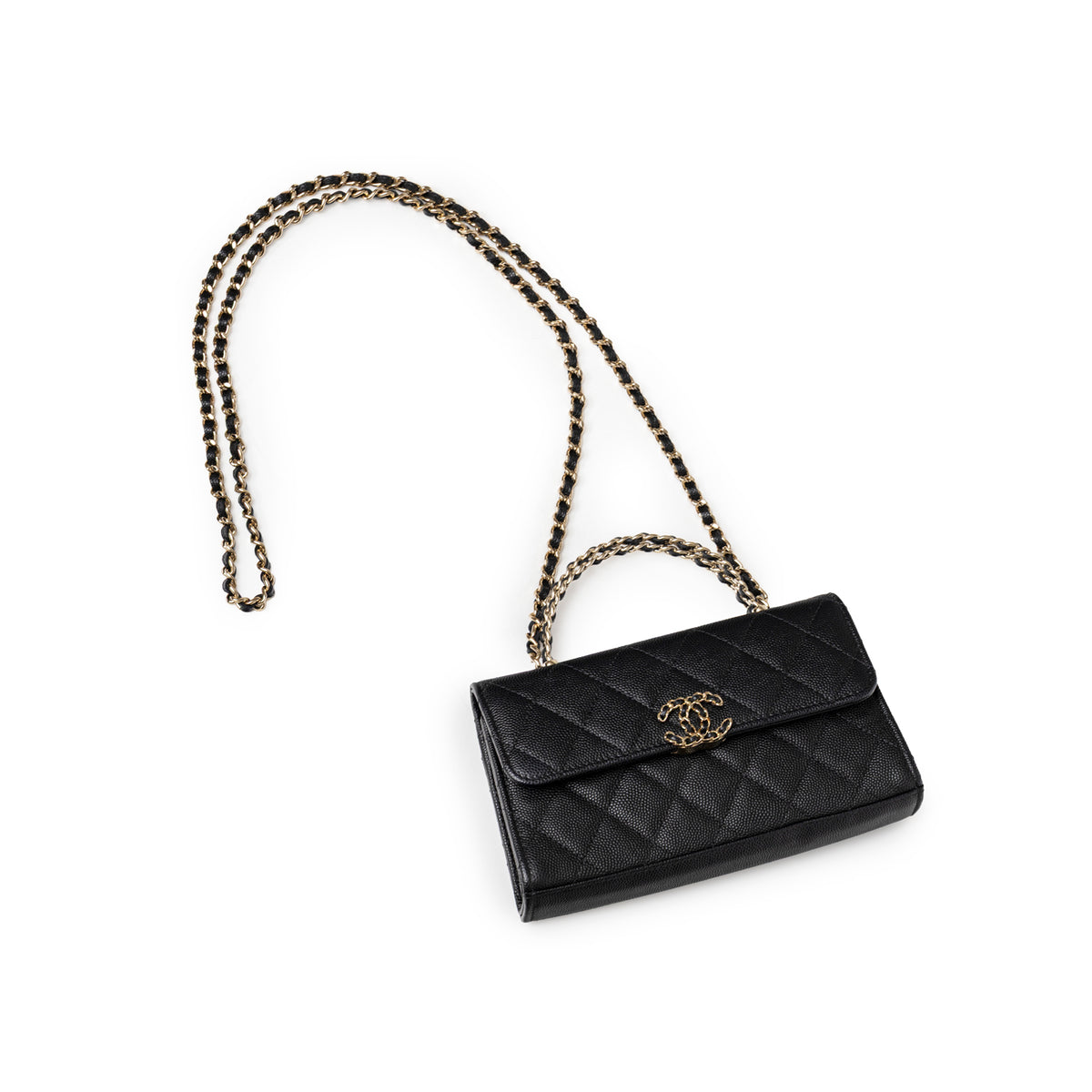 Chanel Top Handle Phone Holder with Chain Black Caviar Light Gold Hardware front angled view with chain