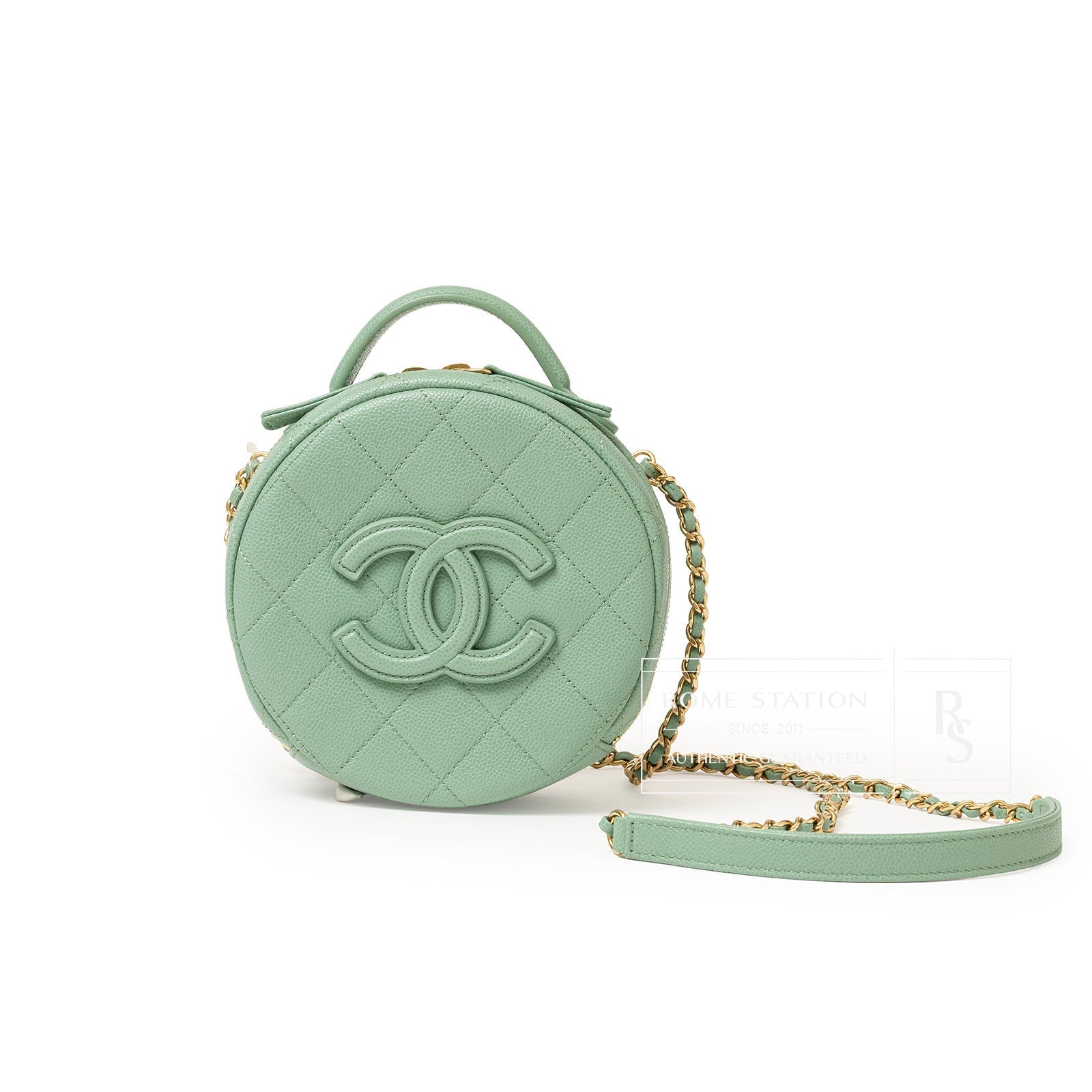 Chanel Top Handle Round Vanity Quilted Caviar Green Gold Hardware