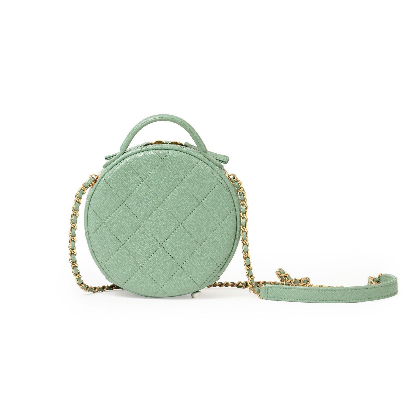 Chanel Top Handle Round Vanity Quilted Caviar Green Gold Hardware