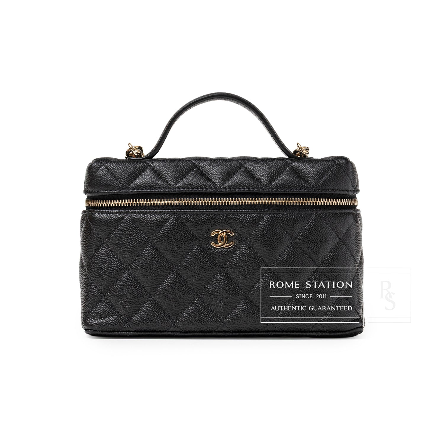 Front view of Chanel Top Handle Vanity with Chain Black Caviar Light Gold Hardware showing quilted leather and gold logo