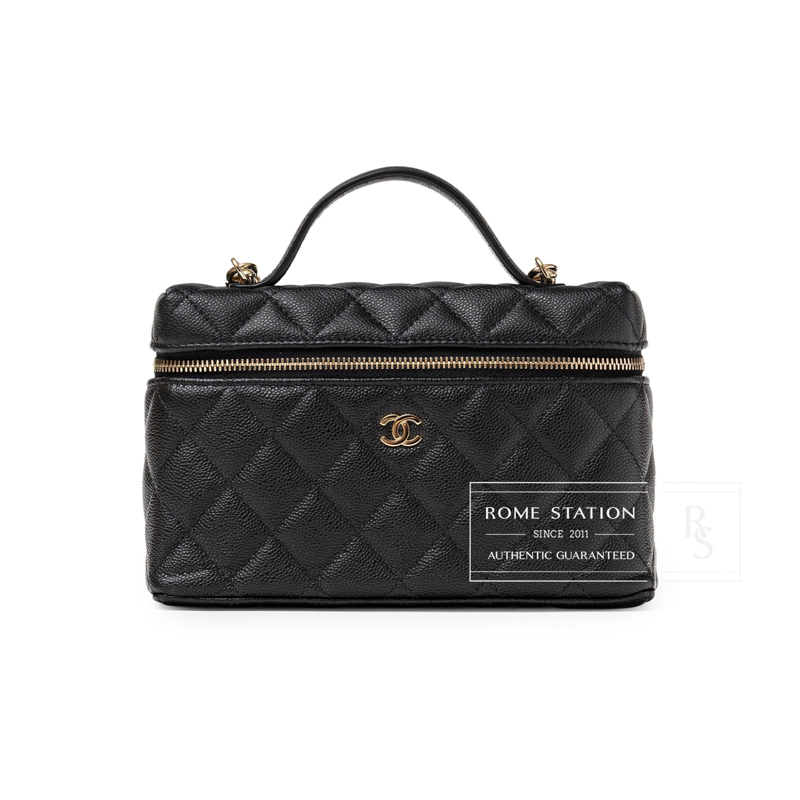 Front view of Chanel Top Handle Vanity with Chain Black Caviar Light Gold Hardware showing quilted leather and gold logo