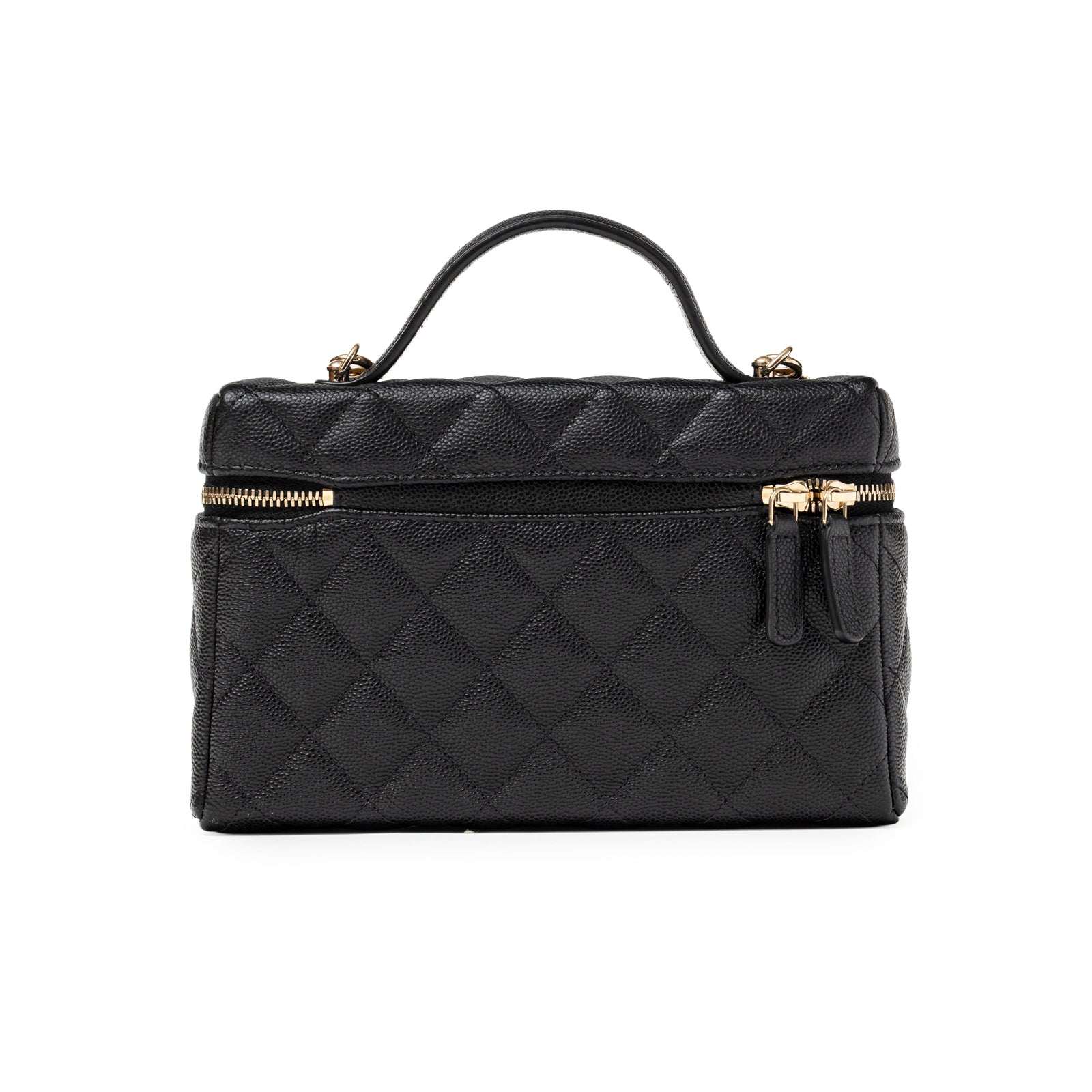 Back view of Chanel Top Handle Vanity with Chain Black Caviar Light Gold Hardware showing zipper and handle detail