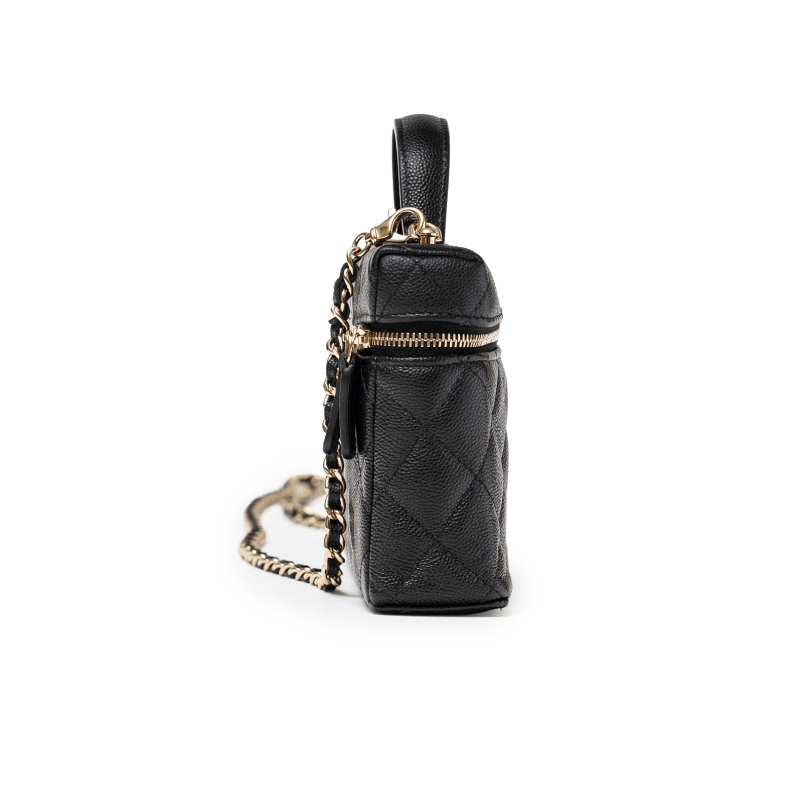 Side angle showing quilted black caviar leather and gold chain hardware on Chanel Top Handle Vanity with Chain Black Caviar Light Gold Hardware