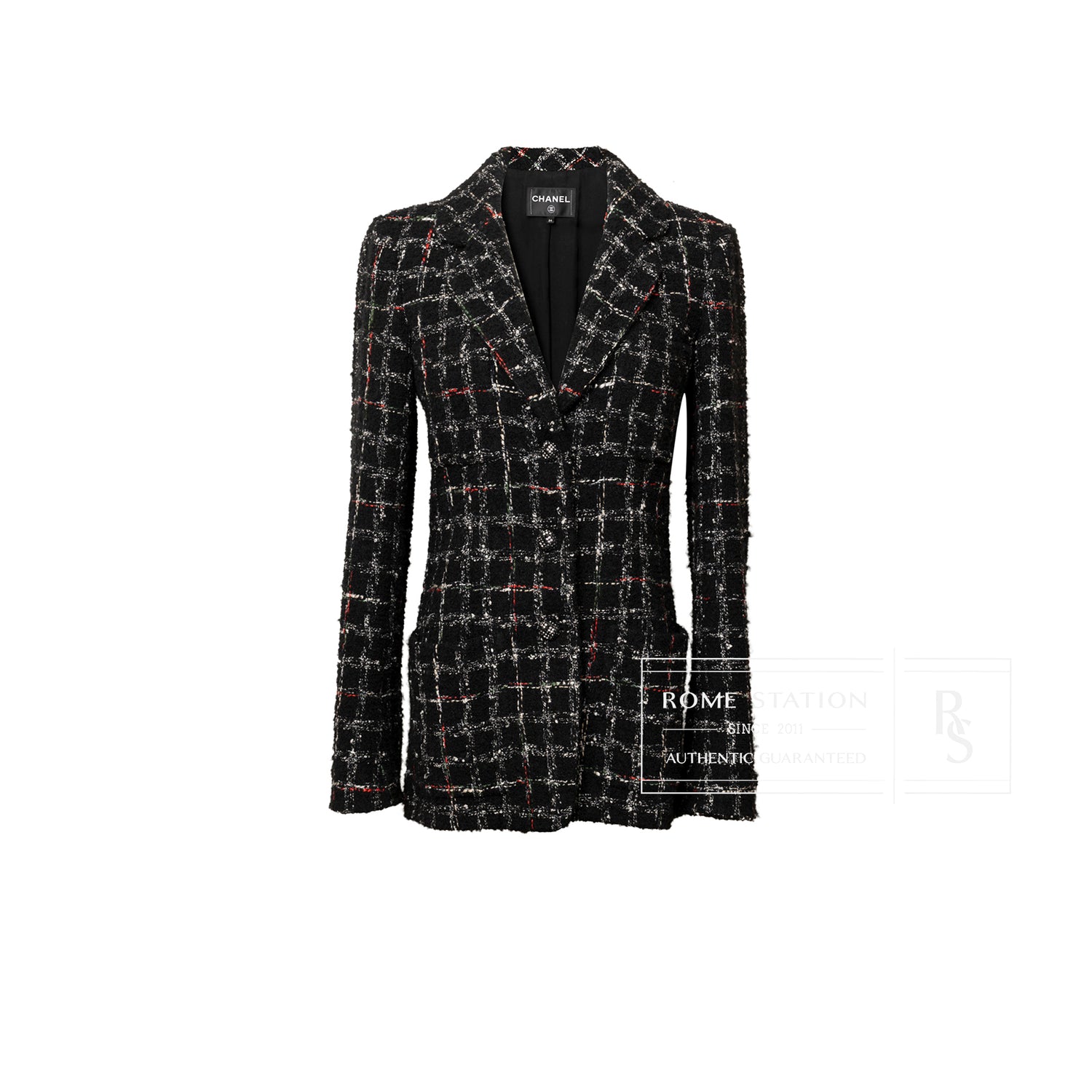 Front view of Chanel Tweed Jacket 22K Black/White/Multicolor with tailored fit and multicolor accents on black base
