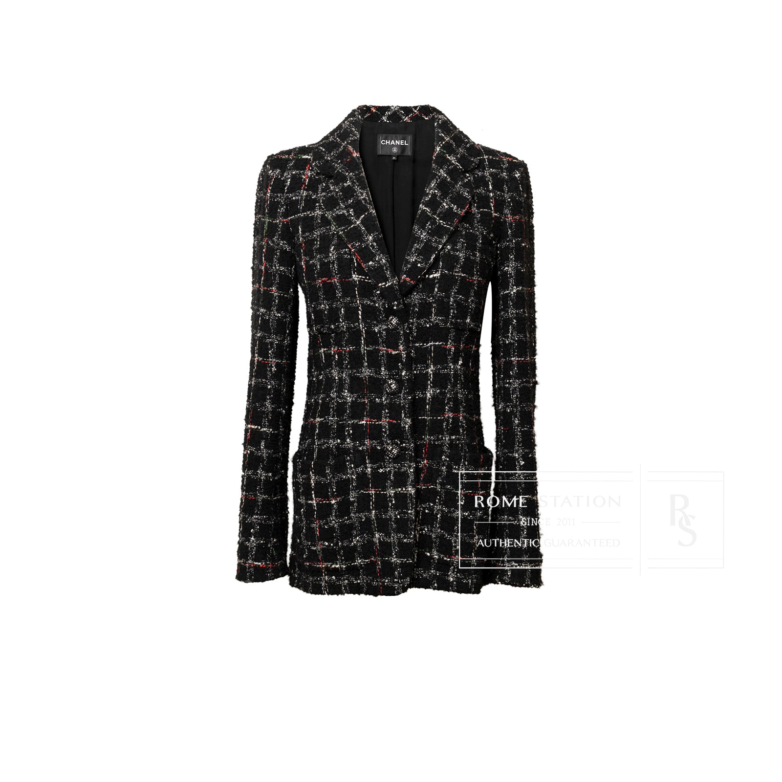 Front view of Chanel Tweed Jacket 22K Black/White/Multicolor with tailored fit and multicolor accents on black base