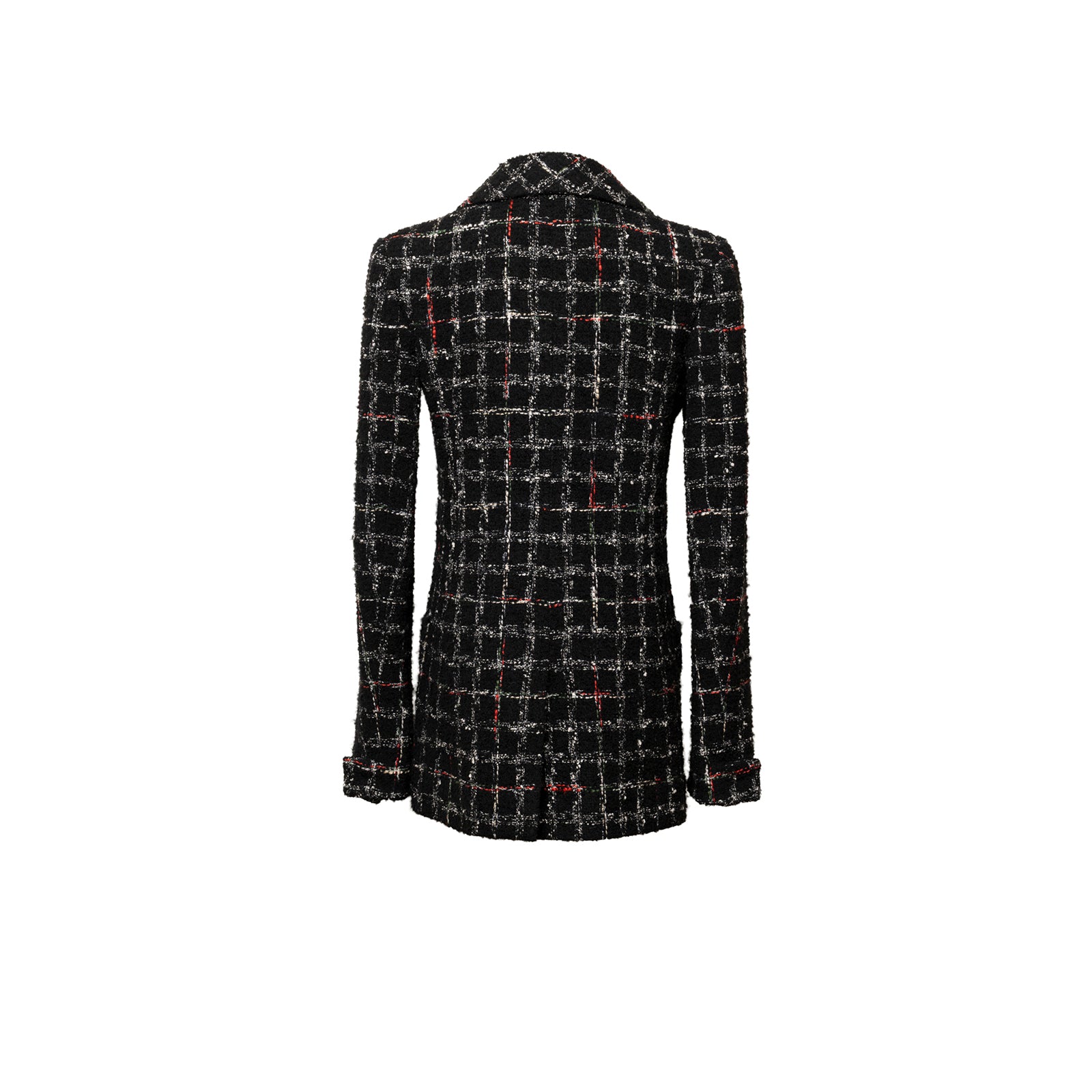 Back view of Chanel Tweed Jacket 22K Black/White/Multicolor showing tailored silhouette and textured fabric pattern.