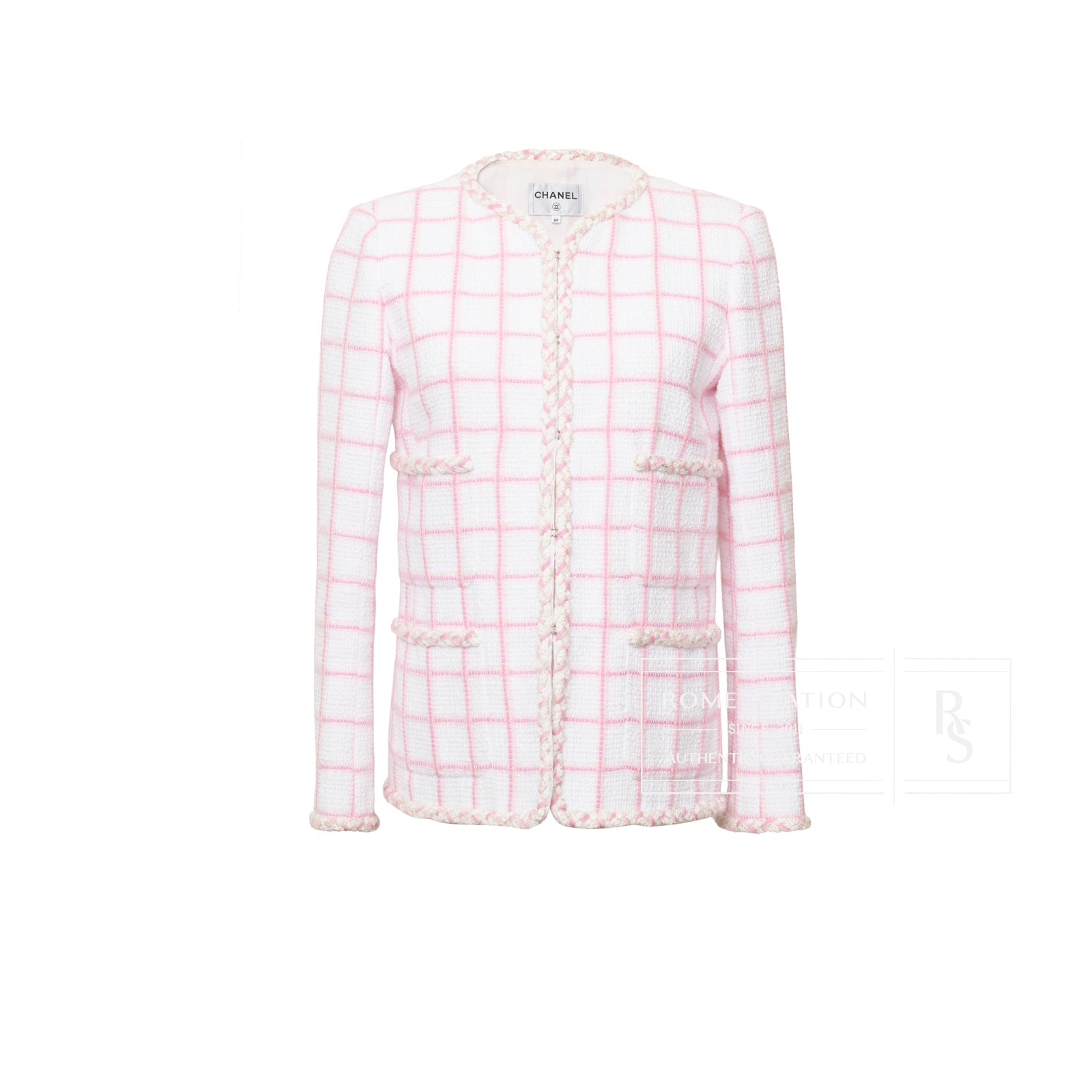 Front view of Chanel Tweed Jacket 23C White/Pink with pink check pattern and braided trim detailing