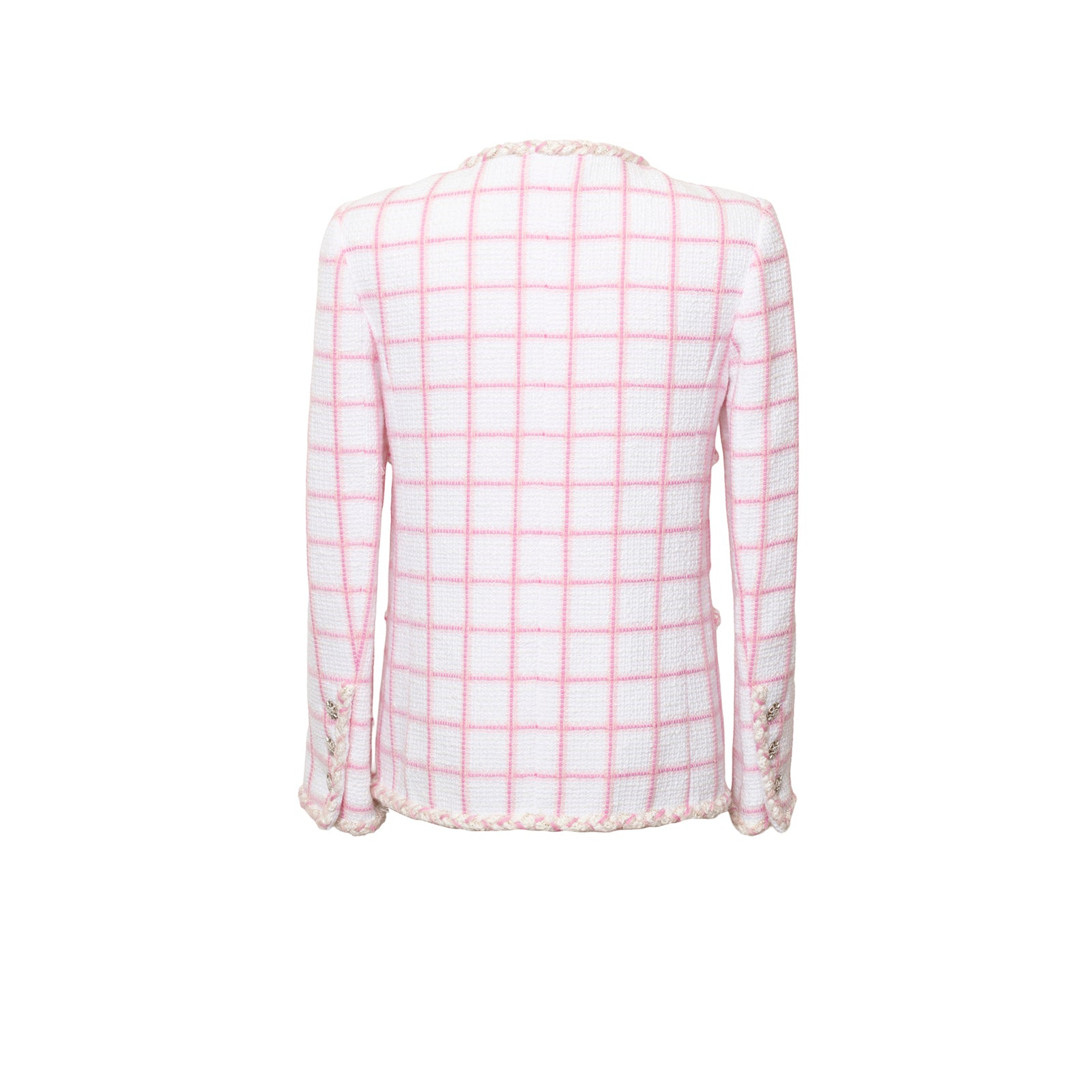 Back view of Chanel Tweed Jacket 23C White/Pink showing pink grid pattern and braided trim detailing