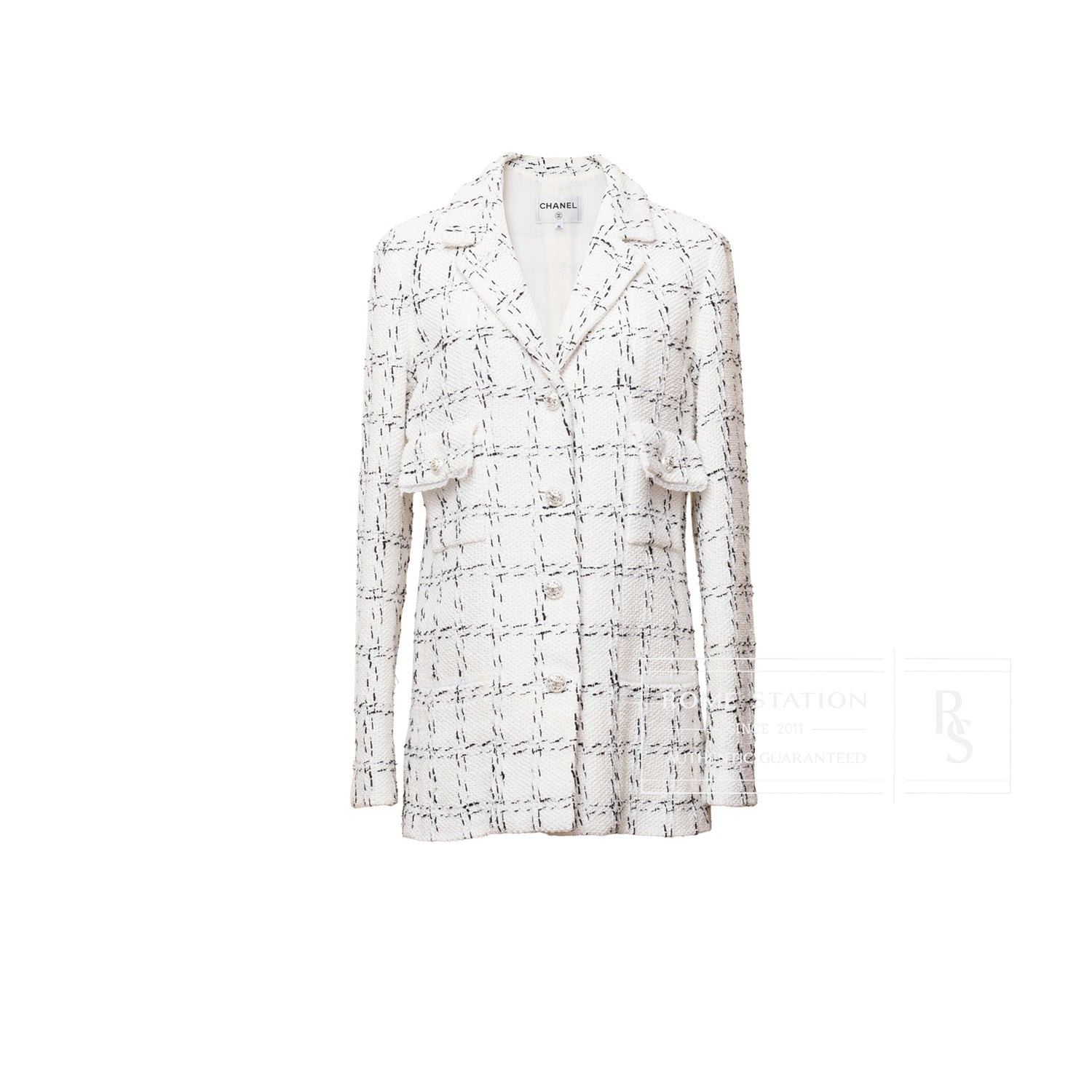 Front view of Chanel Tweed Jacket 23S Pearl and Crystal Button White/Black with checkered pattern and flap pockets