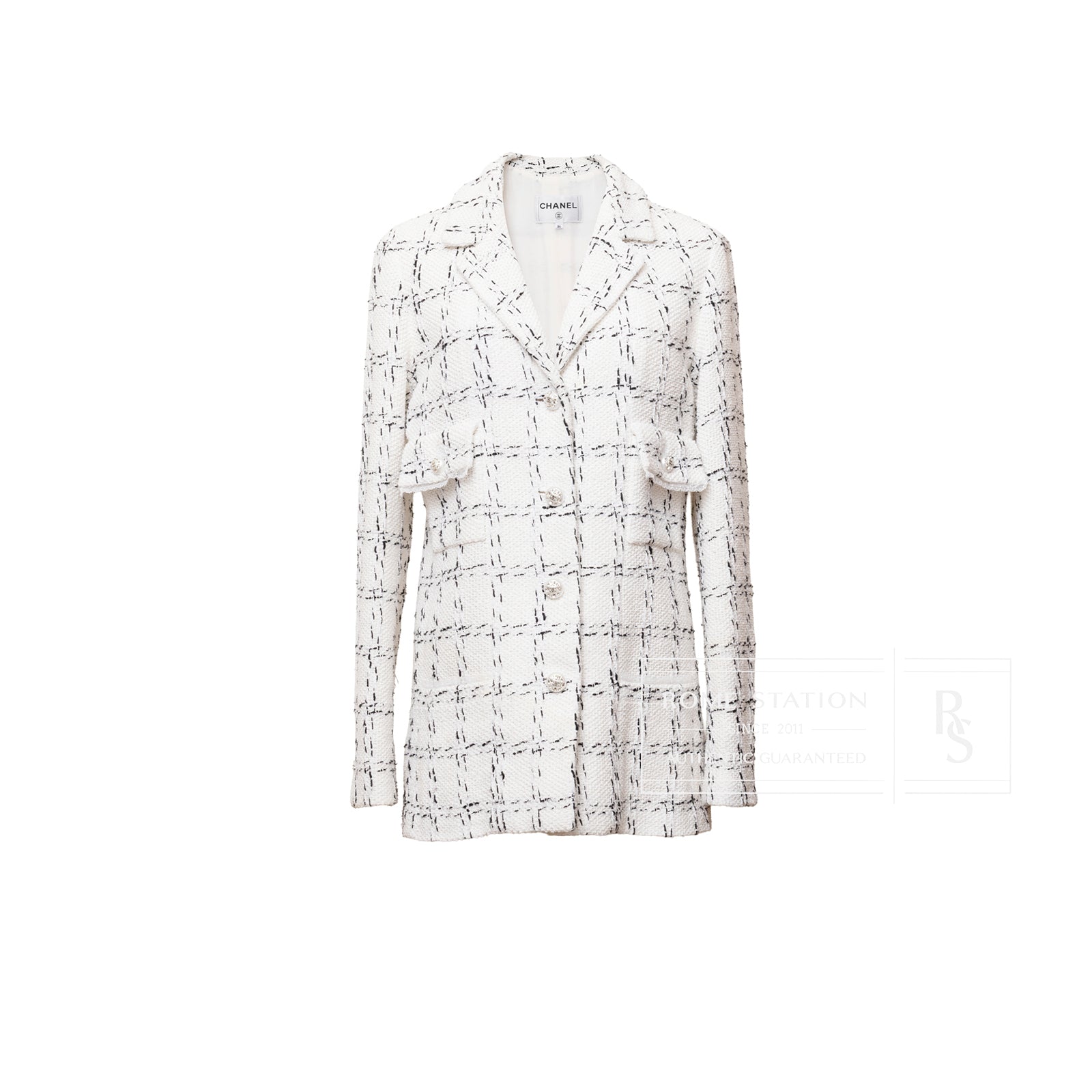 Front view of Chanel Tweed Jacket 23S Pearl and Crystal Button White/Black with checkered pattern and flap pockets