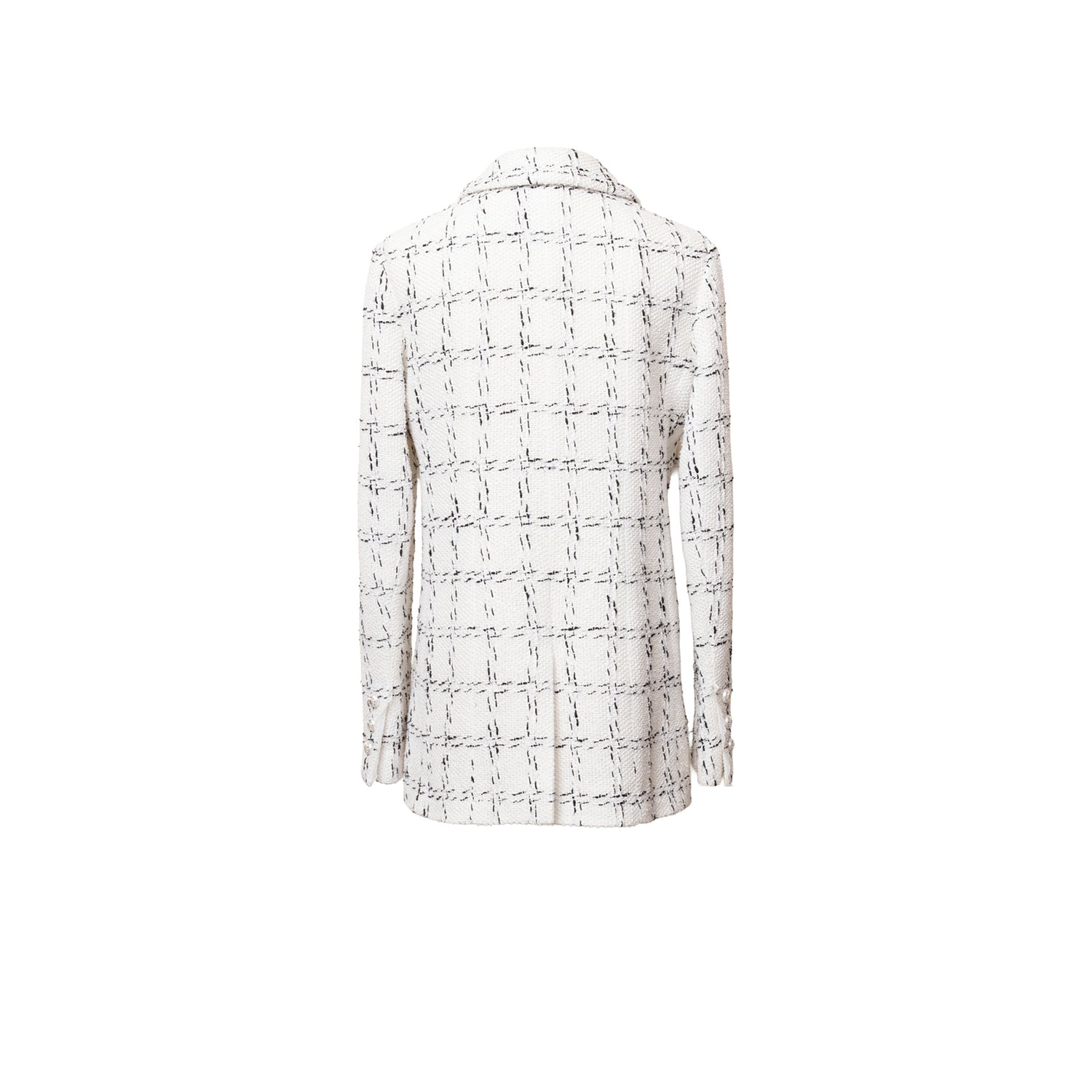 Back view of Chanel Tweed Jacket 23S Pearl and Crystal Button White/Black with classic check pattern design