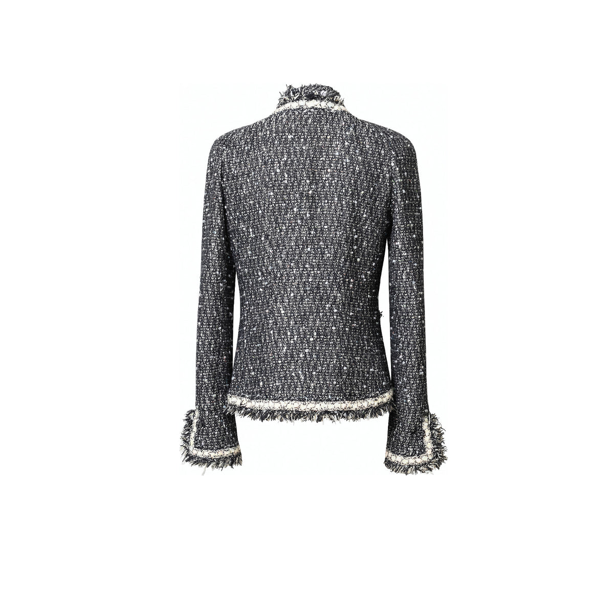 Back view of Chanel Vintage Tweed Jacket with Butterfly Bow Tie Black & White showing textured weave and fringed edges.