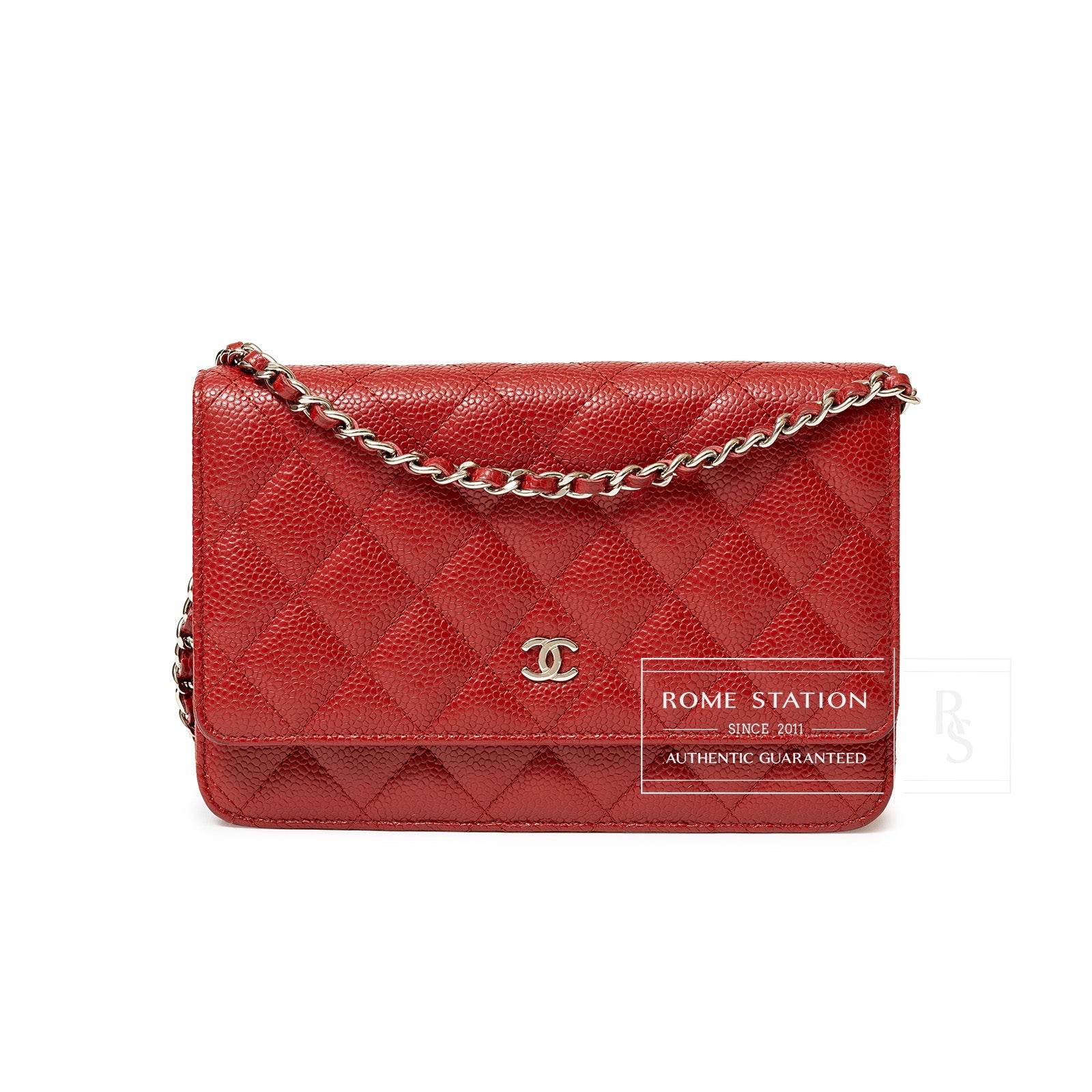 Front view of Chanel Wallet On Chain Red Caviar Palladium Hardware showing quilted leather and chain strap detail