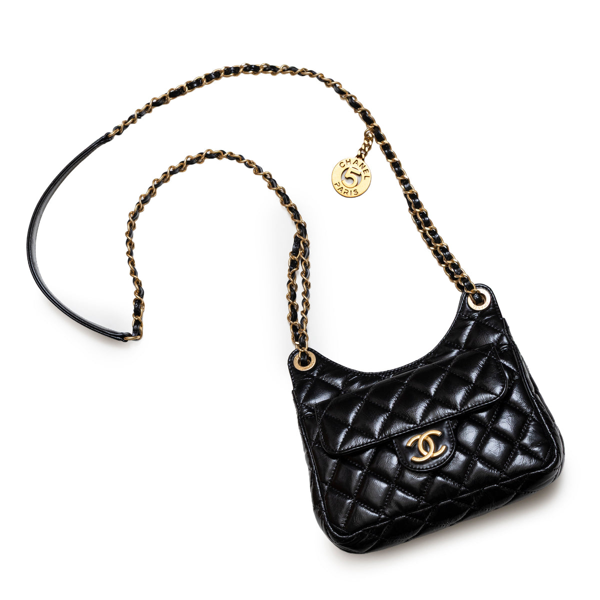 Chanel Wavy CC Hobo Small Shiny Quilted Black Calf Gold Hardware top view with chain strap
