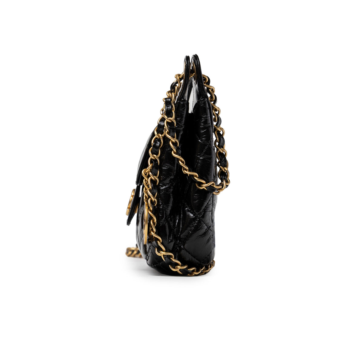 Chanel Wavy CC Hobo Small Shiny Quilted Black Calf Gold Hardware side view with gold chain