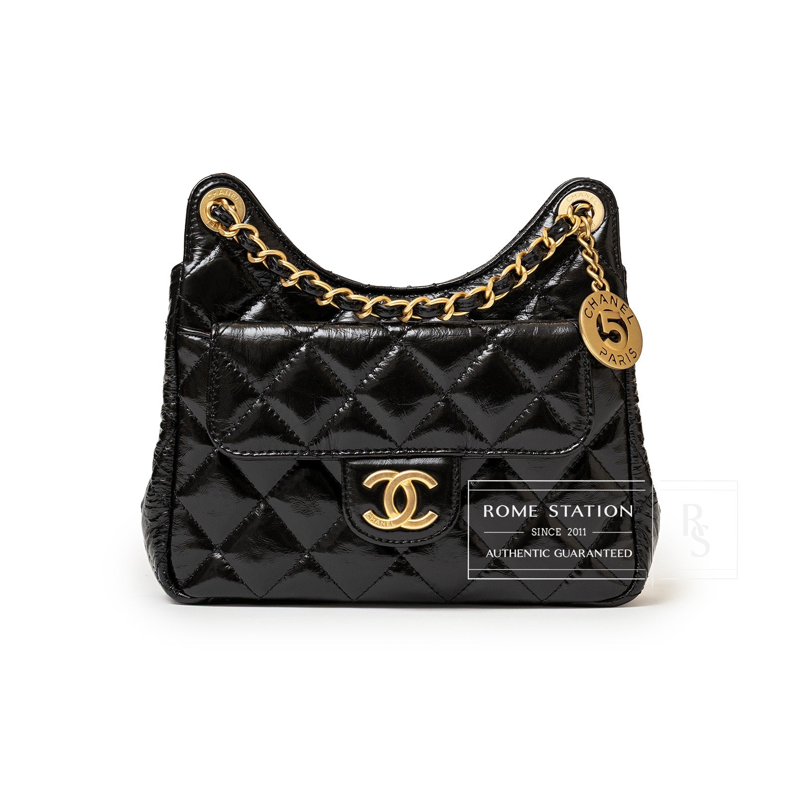 Front view of Chanel Wavy CC Hobo Small Shiny Quilted Calf Gold Hardware in black patent leather with gold chain strap and charm