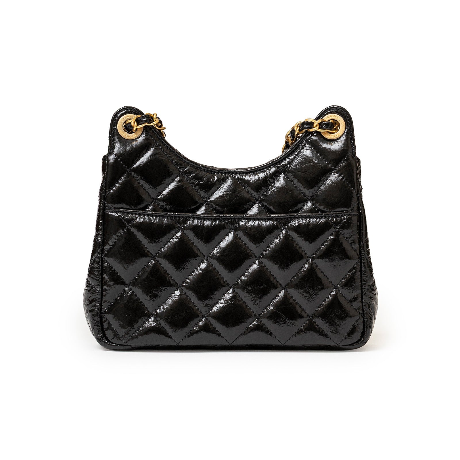 Back view of Chanel Wavy CC Hobo Small Shiny Quilted Calf Gold Hardware bag in black patent leather