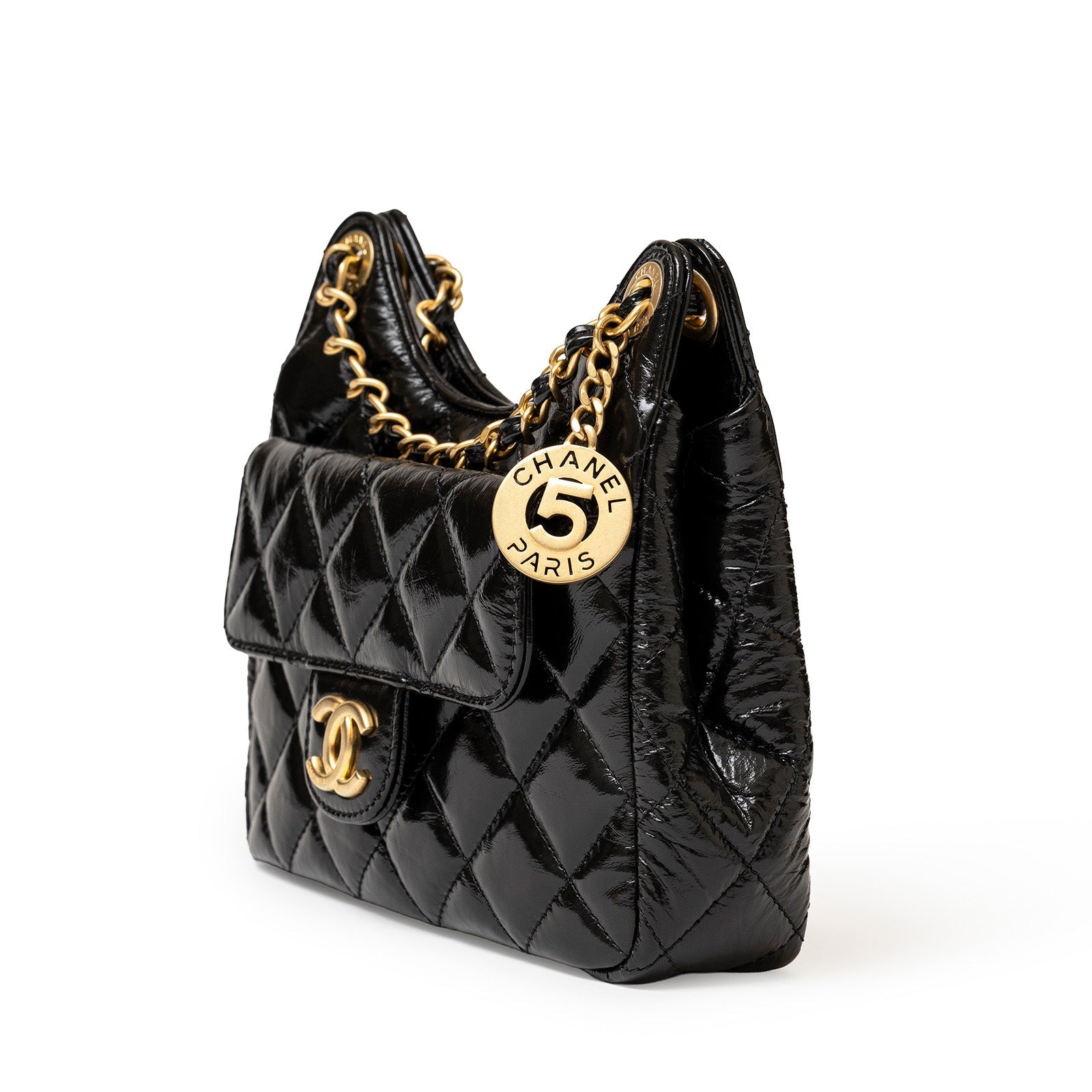 Angled view of Chanel Wavy CC Hobo Small Shiny Quilted Calf Gold Hardware with gold chain and logo charm detail