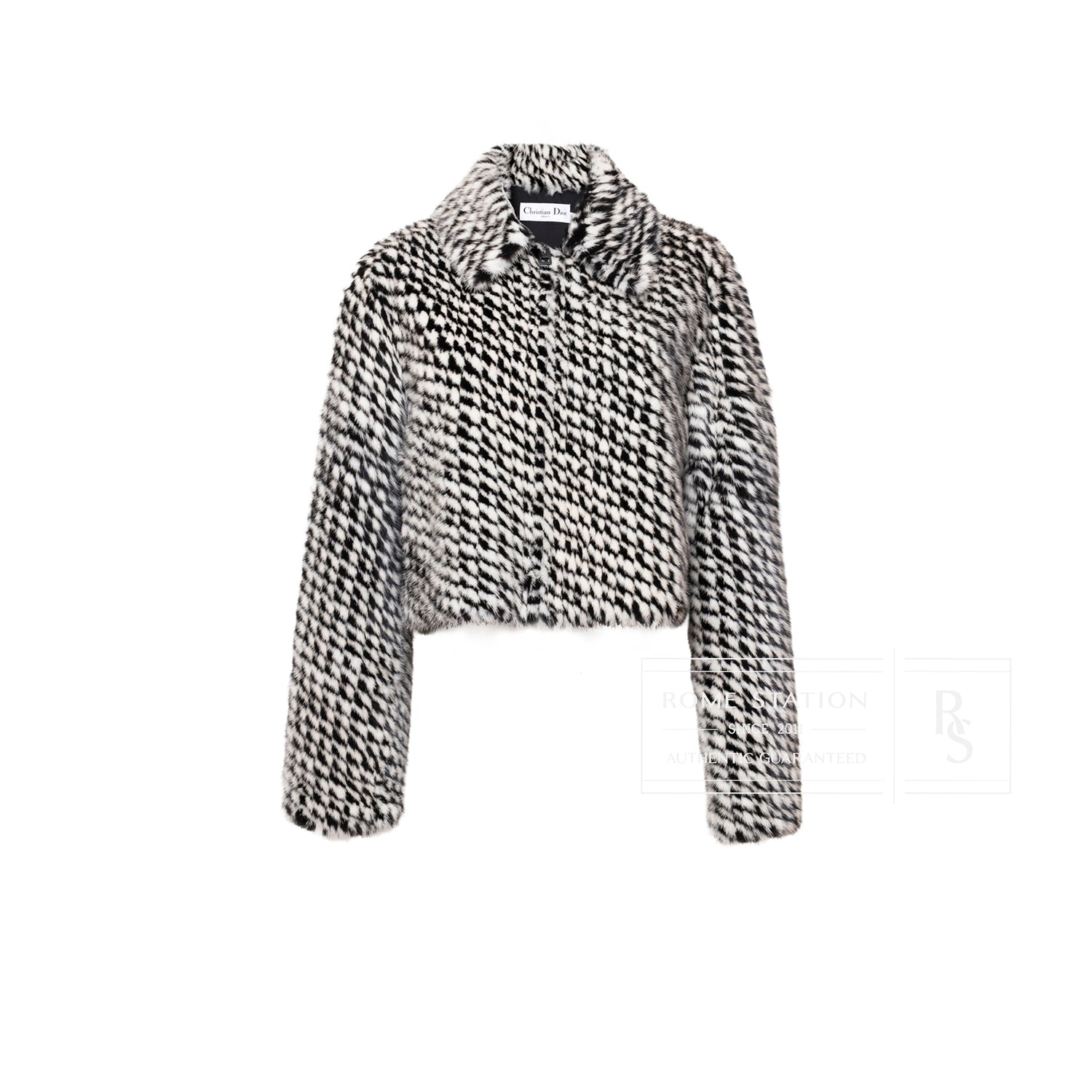 Front view of Christian Dior Monsieur Mink Jacket Black/White with textured fur in a cropped silhouette